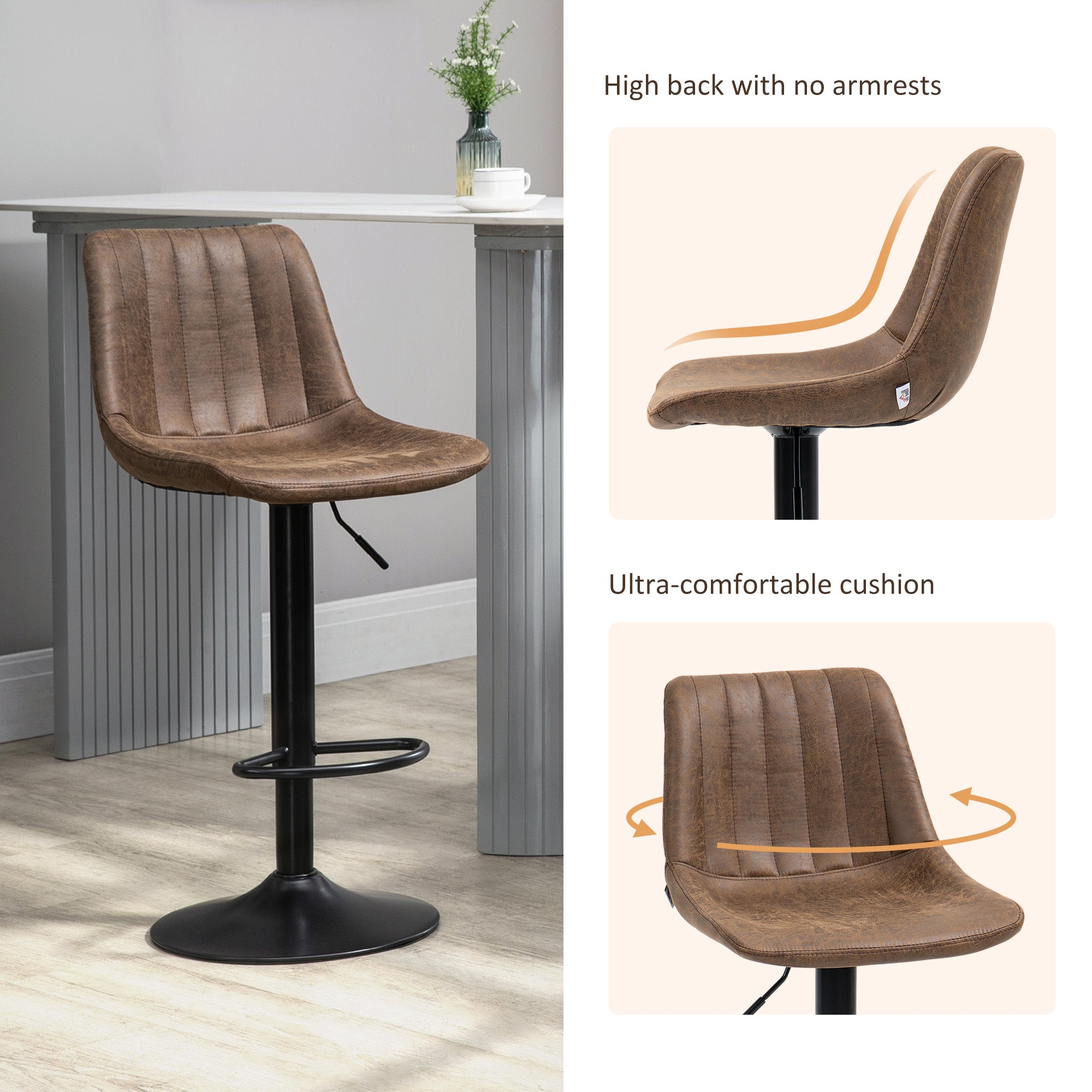 HOMCOM Bar Stools Set of 2, Swivel Counter Height Barstools with Back, Adjustable Bar Chairs, Breakfast Dining Stools for Kitchen Island Counter with Adjustable Steel Footrest & Base, Brown