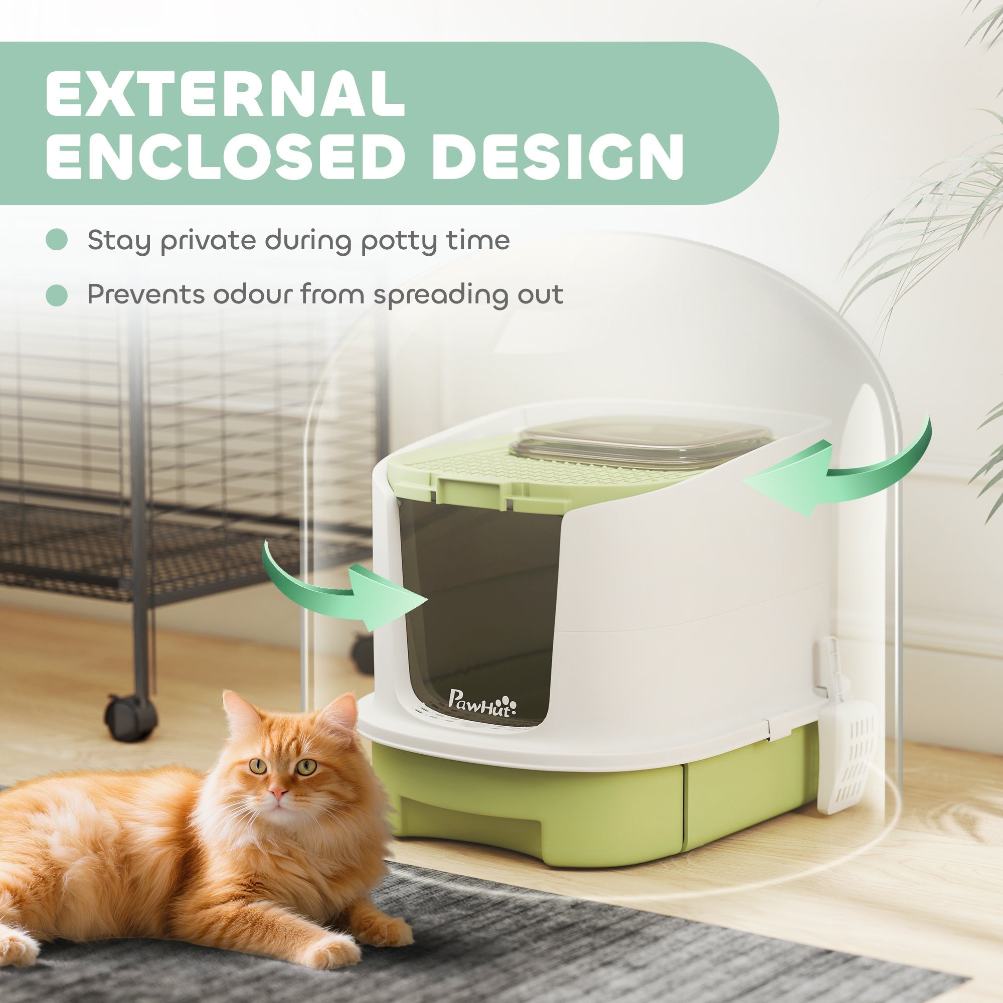 PawHut Cat Litter Box with Lid, Scoop, Deodorisation Bags, Top Entry, Green