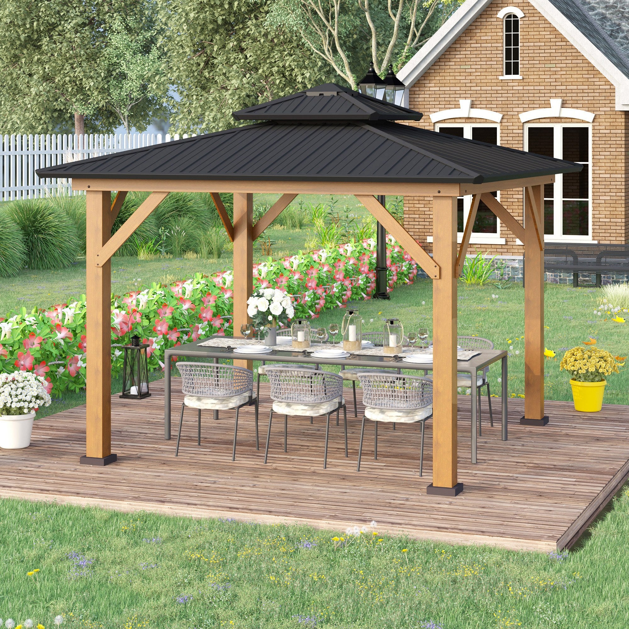 Outsunny 3.5 x 3.5m Outdoor Hardtop Gazebo Canopy with Two-tier Metal Roof and Solid Wood Frame Outdoor Patio Shelter for Patio, Garden, Black