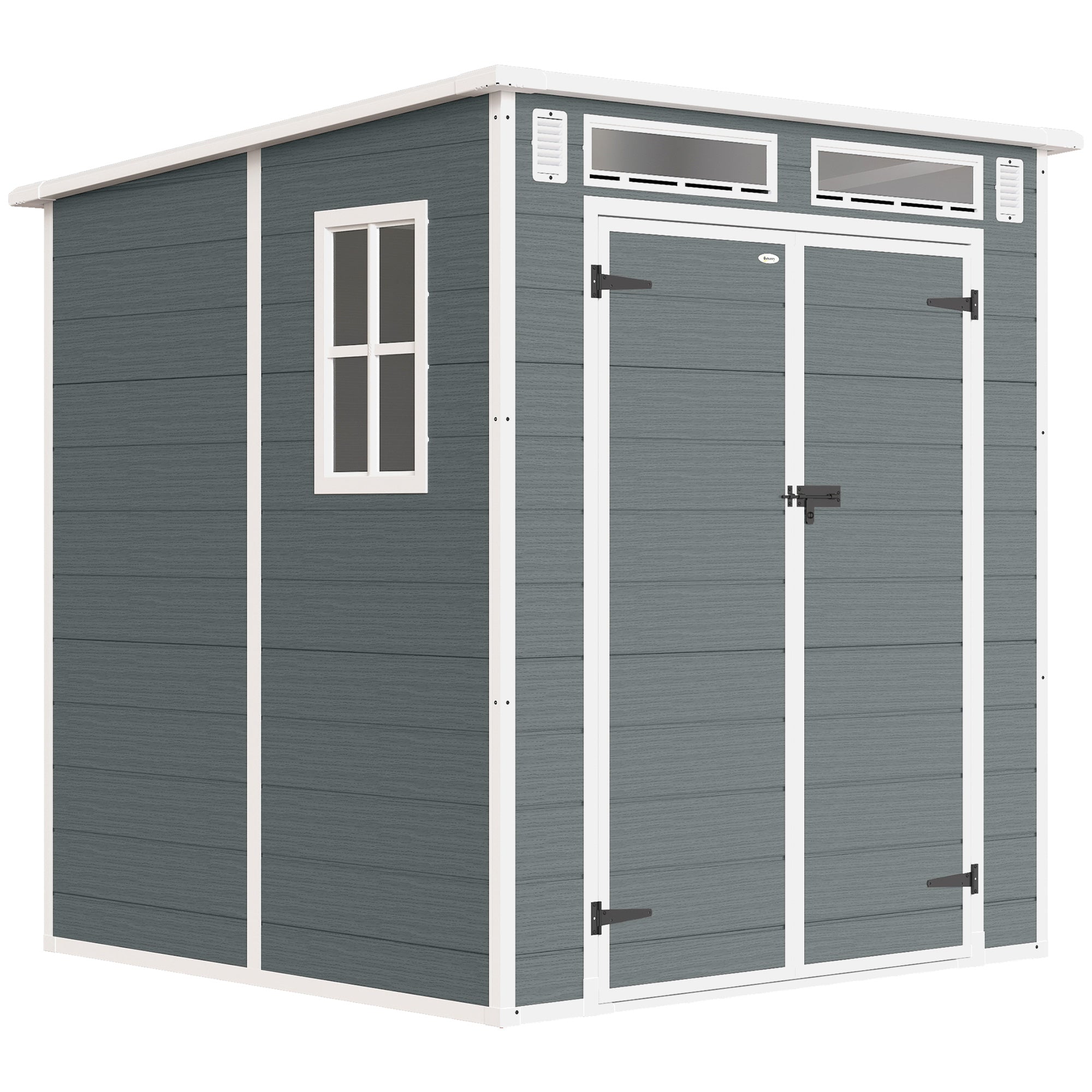 Outsunny 6 x 6 ft Plastic Garden Shed, Wood-Effect Outdoor Storage Shed with Floor, Windows, Lockable Doors and Vents, Grey