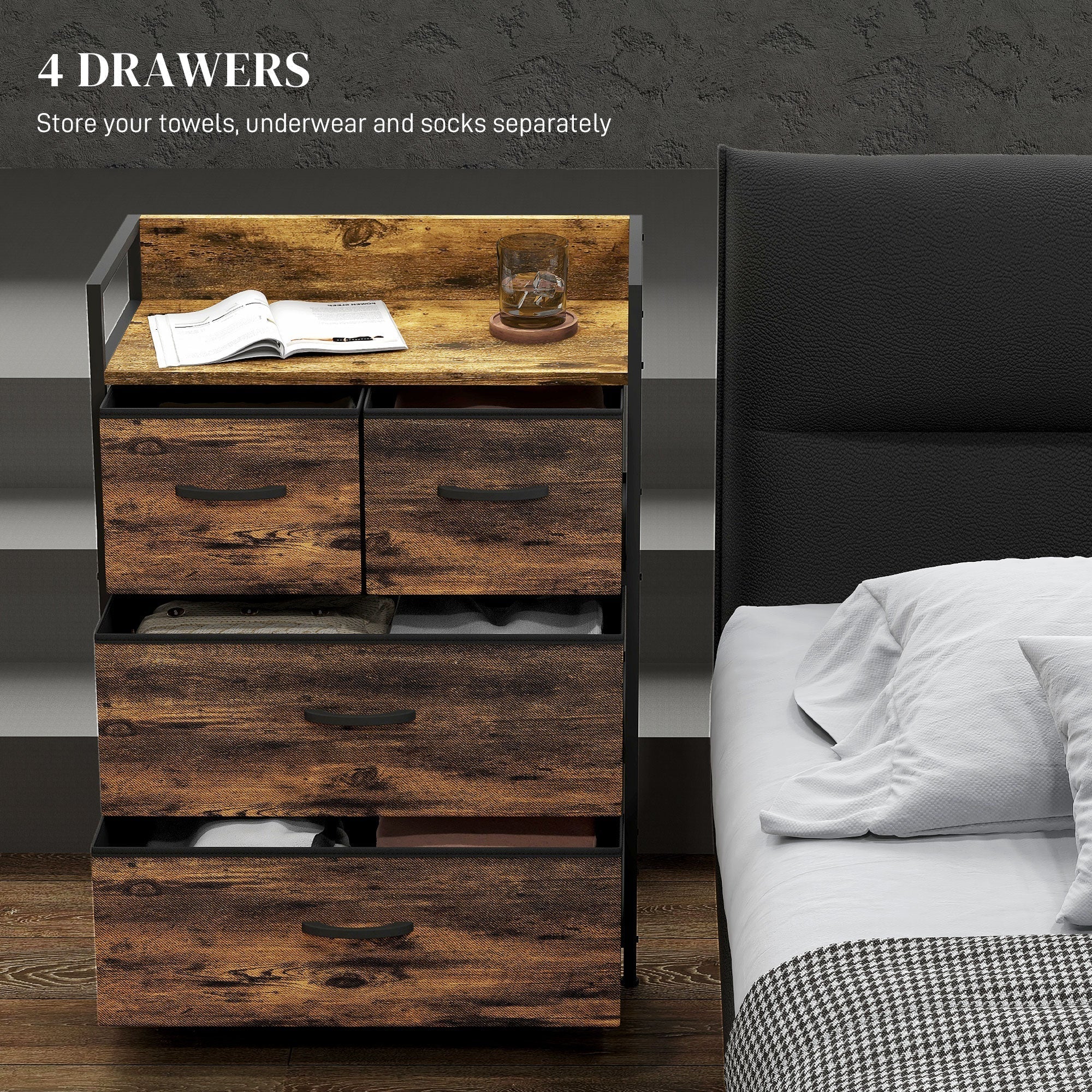 HOMCOM Rustic Chest of Four Fabric Drawers - Rustic Brown