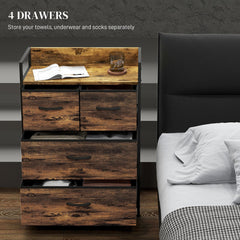HOMCOM Rustic Chest of Four Fabric Drawers - Rustic Brown