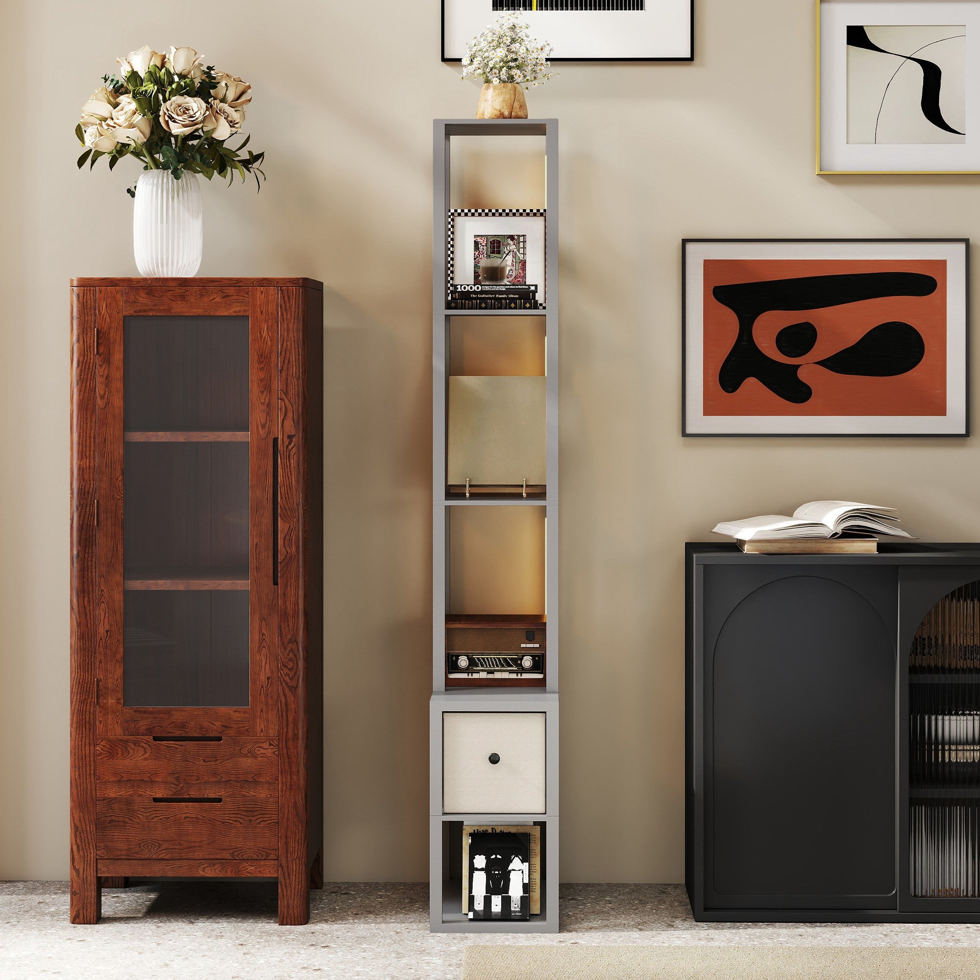 HOMCOM Floor Lamp with Shelves, LED Column Modern Standing Lamp with Fabric Drawer, Adjustable Brightness, Foot Switch for Living Room, Bedroom, Office, Grey