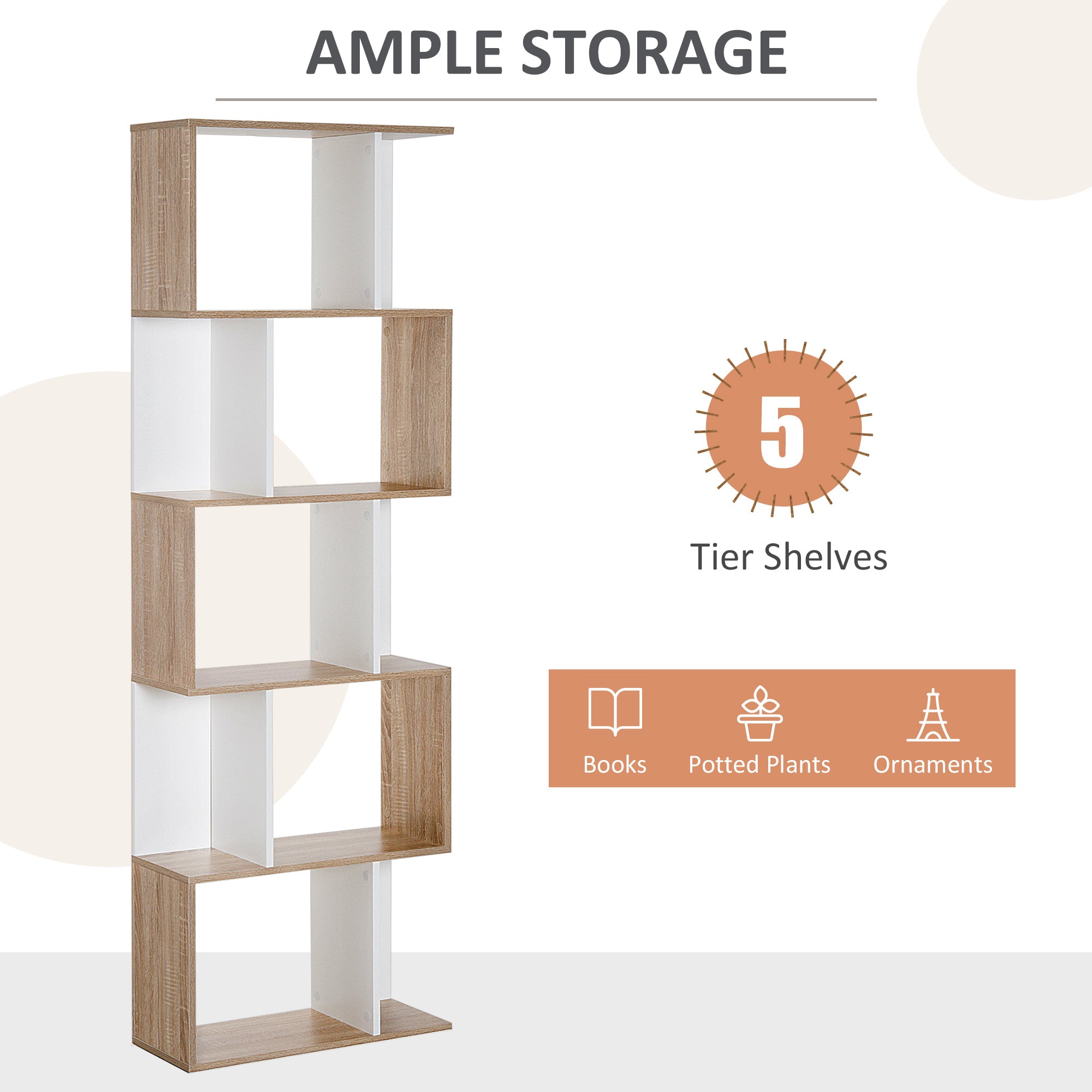 HOMCOM Bookcase, S-Shaped Wooden Bookshelf, 5/6 Tiers Freestanding Storage Shelf, Home Office Decorative Display Stand Rack, Oak and White, 24D x 60W x 184.5H