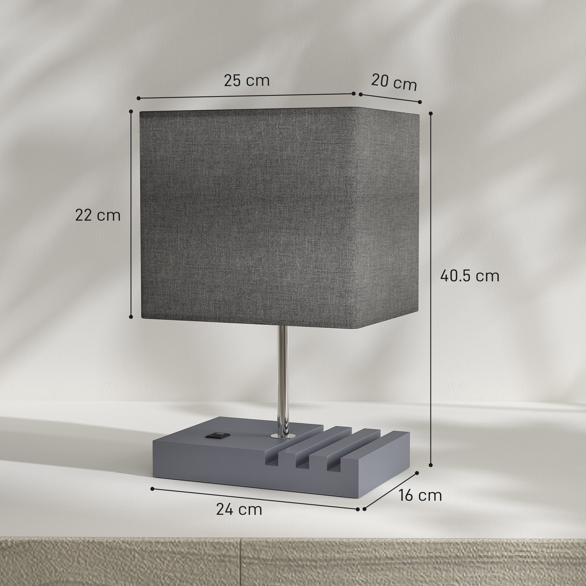 HOMCOM Bedside Lamp with USB A+C Charging Ports and 3 Phone Stands, Modern Table Lamp with Solid Wood Base and Fabric Shade for Bedroom Living Room Office, E27 Socket, Bulb Not Included, Grey