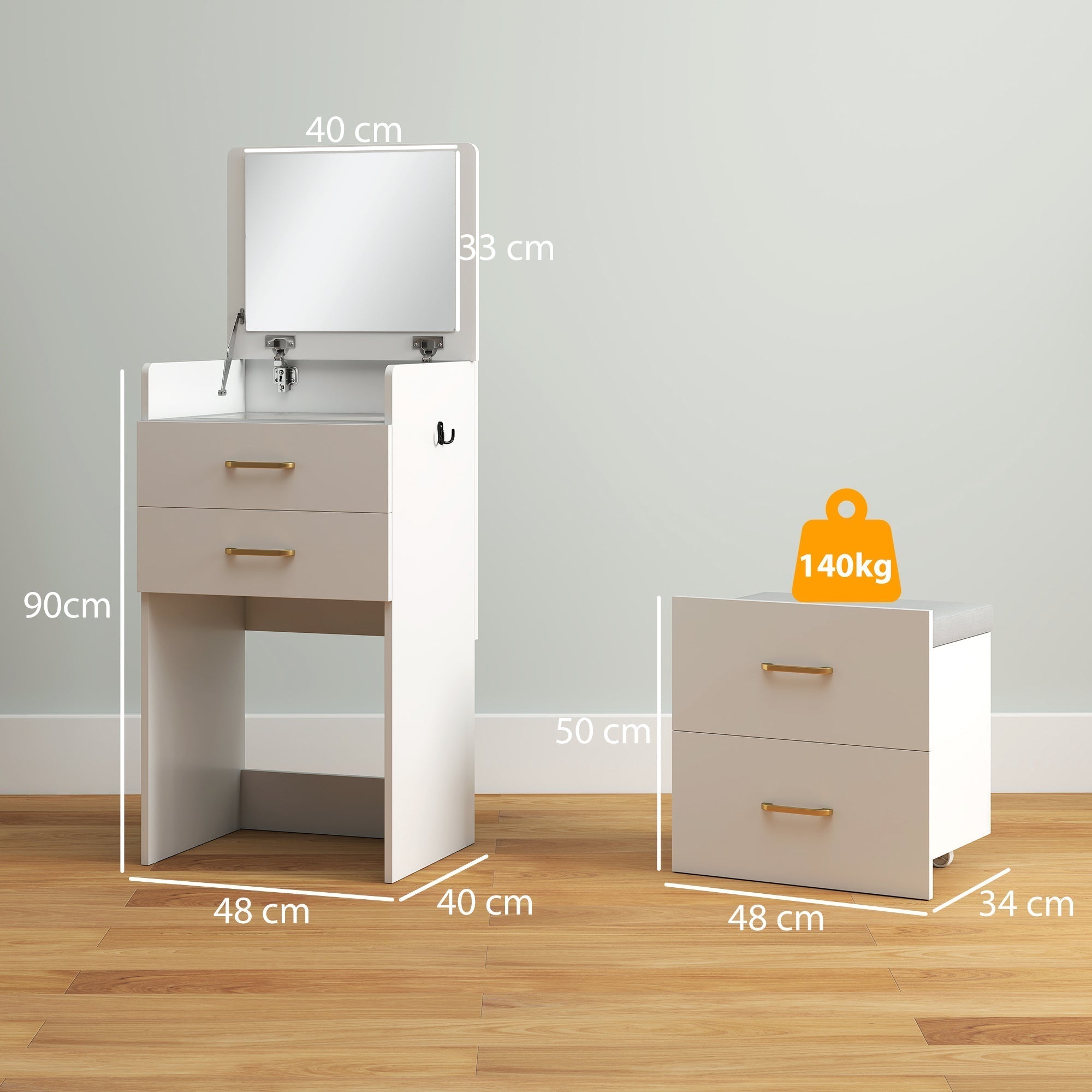 HOMCOM 3 in 1 Dressing Table with Flip-top Mirror and Rolling Stool, Modern Vanity Desk with Visible Glass Tabletop, Drawers and Side Hook, Makeup Table with Cushioned Storage Stool for Bedroom, White