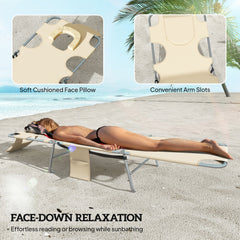 Outsunny 5-Position Adjustable Sun Loungers Set of 2 with Reading Hole and Side Pocket, Beige