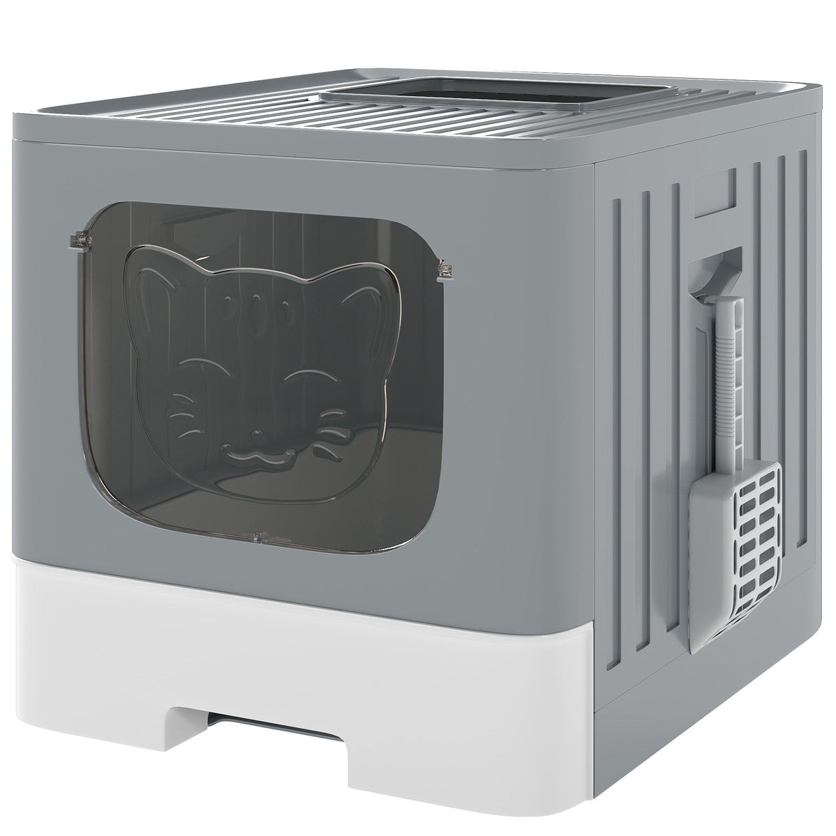 PawHut Foldable Cat Litter Box with Lid, Slide-Out Drawer, Scoop, Easy Clean, Odour Control, Anti-Splashing, Grey