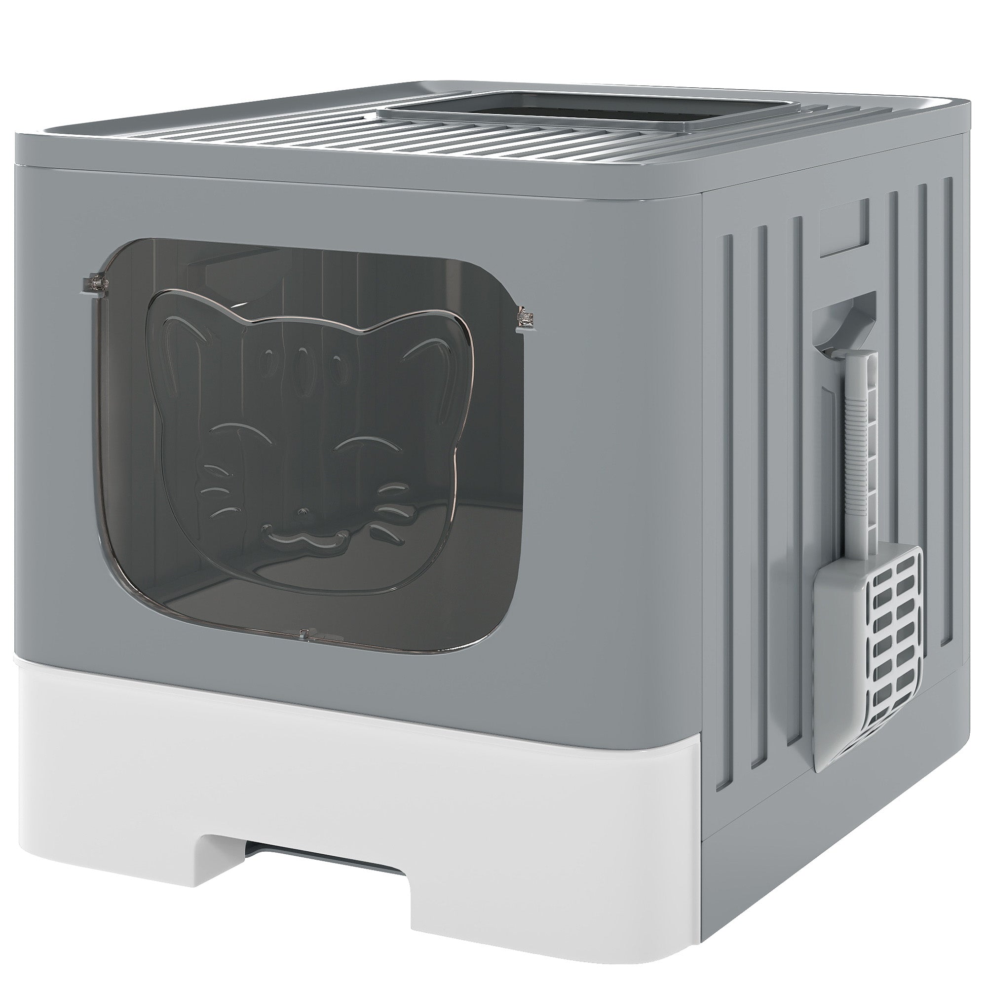 PawHut Foldable Cat Litter Box with Lid, Slide-Out Drawer, Scoop, Easy Clean, Odour Control, Anti-Splashing, Grey