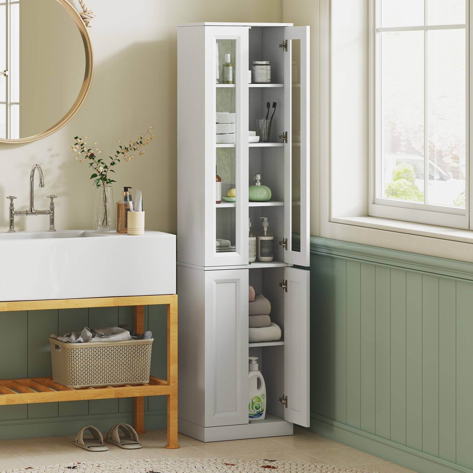 HOMCOM Tall Bathroom Storage Cabinet, 6-Tier Slim Bathroom Cabinet with Adjustable Shelf, 4 Soft-Close Doors, White