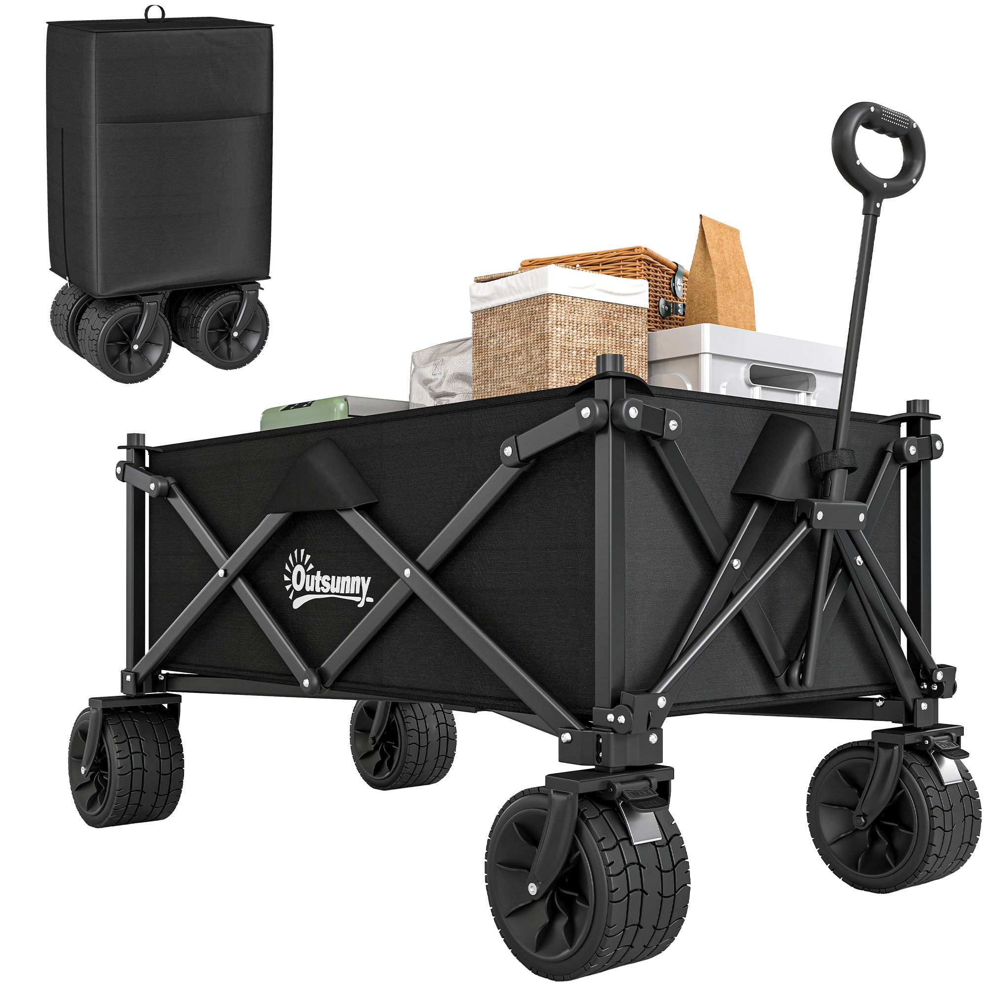 Outsunny Folding Garden Trolley, Outdoor Wagon Cart with Carry Bag, for Beach, Camping, Festival, 120KG Capacity, Black