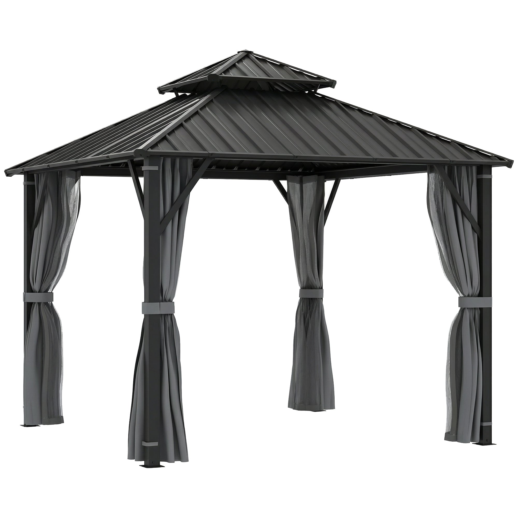 Outsunny 3 x 3(m) Hardtop Gazebo Canopy with Metal Roof, Waterproof Permanent Pavilion Garden Gazebo with Netting, Curtains, Grey
