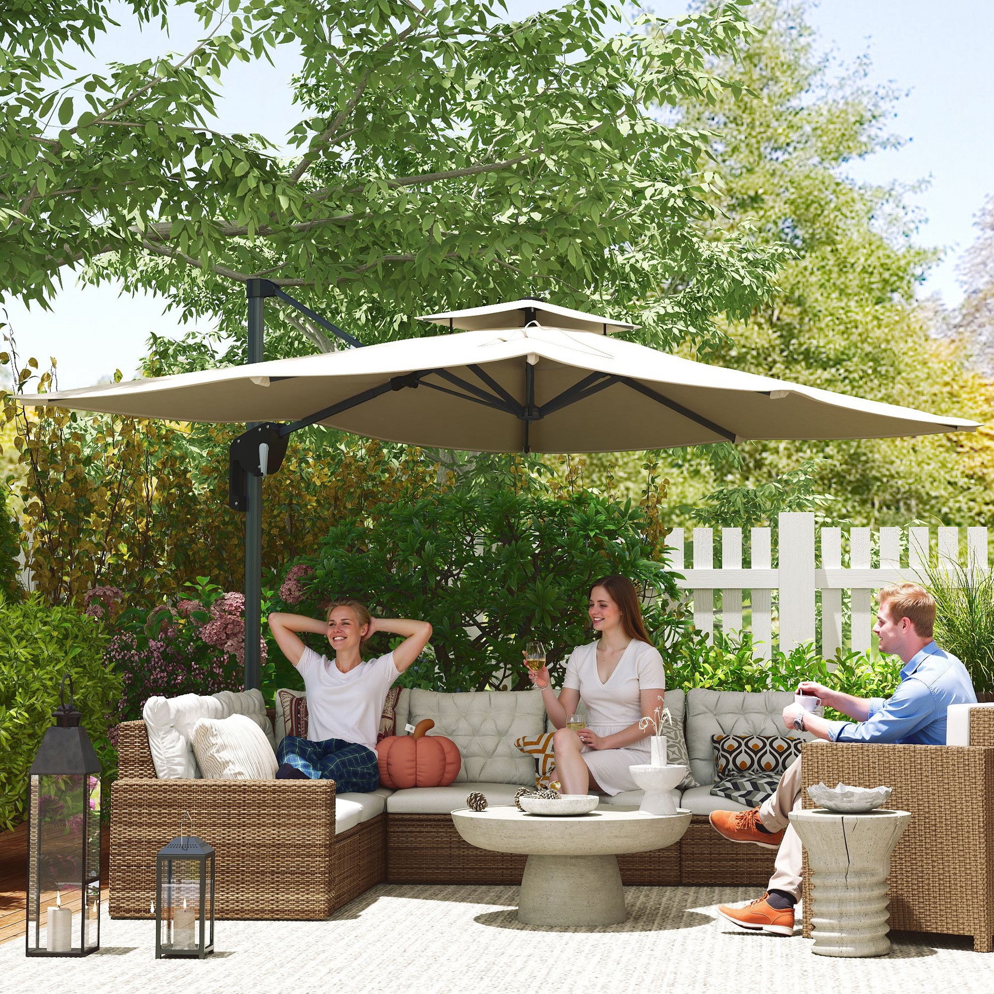 Outsunny 3.7 x 2.7 m Cantilever Parasol w/ 360√Ç¬∞ Rotation and Easy Tilt Adjustment, Aluminium Hanging Offset Outdoor Umbrella w/ Double Top, Cross Base, UPF50+ Hanging Sun Shade, Grey Wood Effect Pole