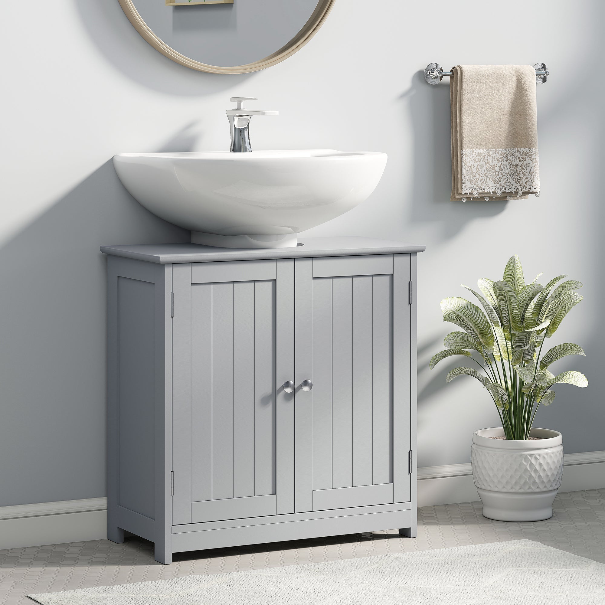 kleankin 60x60cm Under-Sink Storage Cabinet w/ Adjustable Shelf Handles Drain Hole Bathroom Cabinet Space Saver Organizer Grey