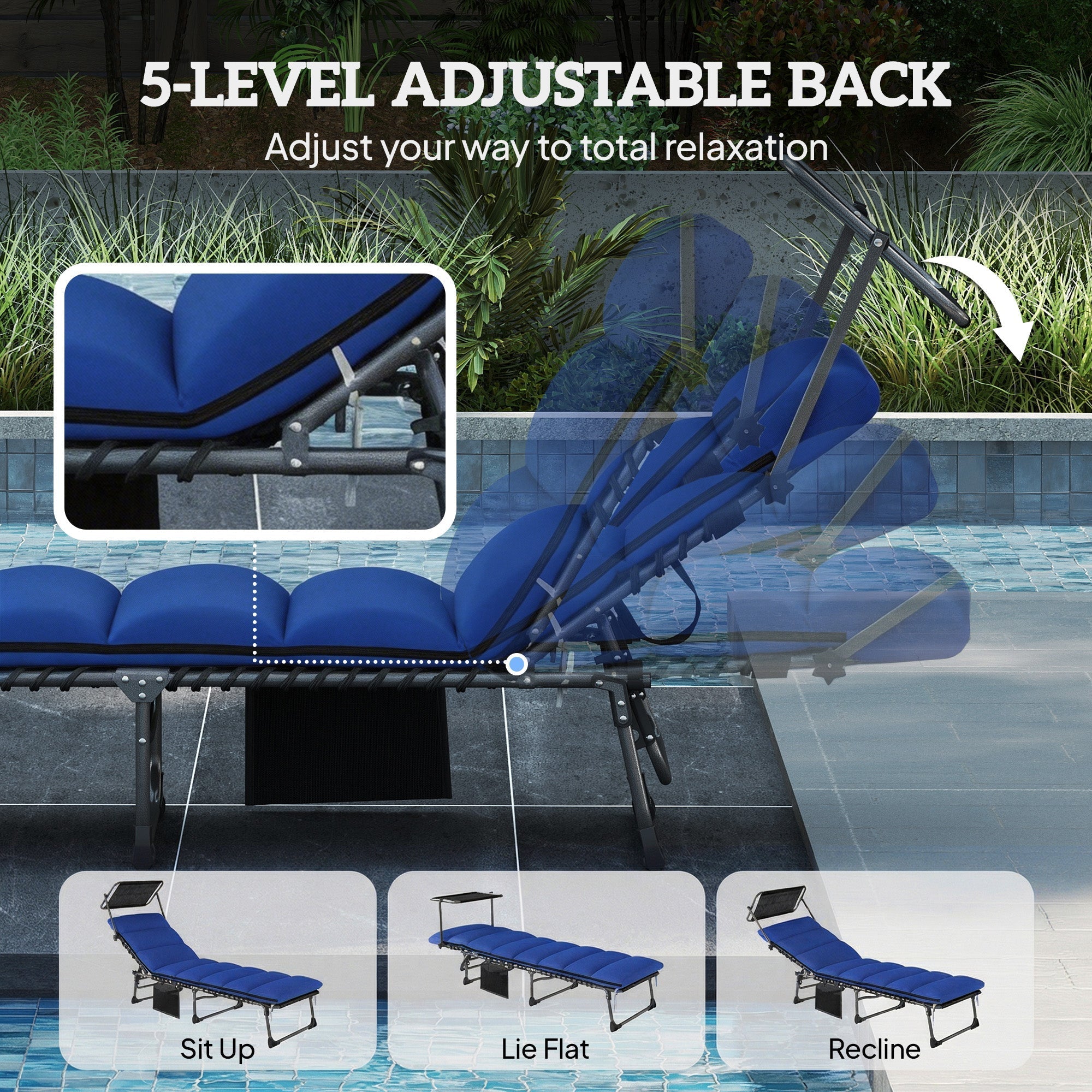 Outsunny Folding Sun Lounger with Canopy, Reclining Sunbed with Cushion, Side Pocket, Carrying Handle, Dark Blue