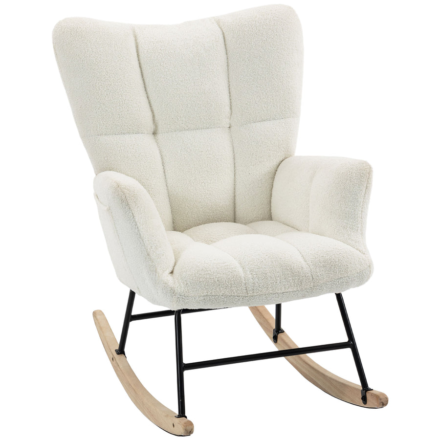 HOMCOM Rocking Chair, Teddy Fleece Rocker Chair with Tufted Wingback, Side Pockets, Rubber Wood Legs, Cream White