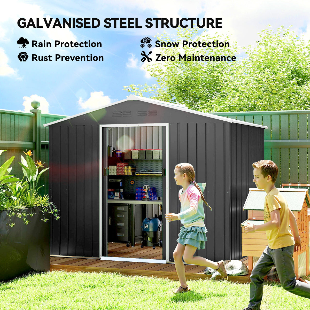 Outsunny 8 x 6ft Galvanised Steel Shed, with Double Door - Dark Grey