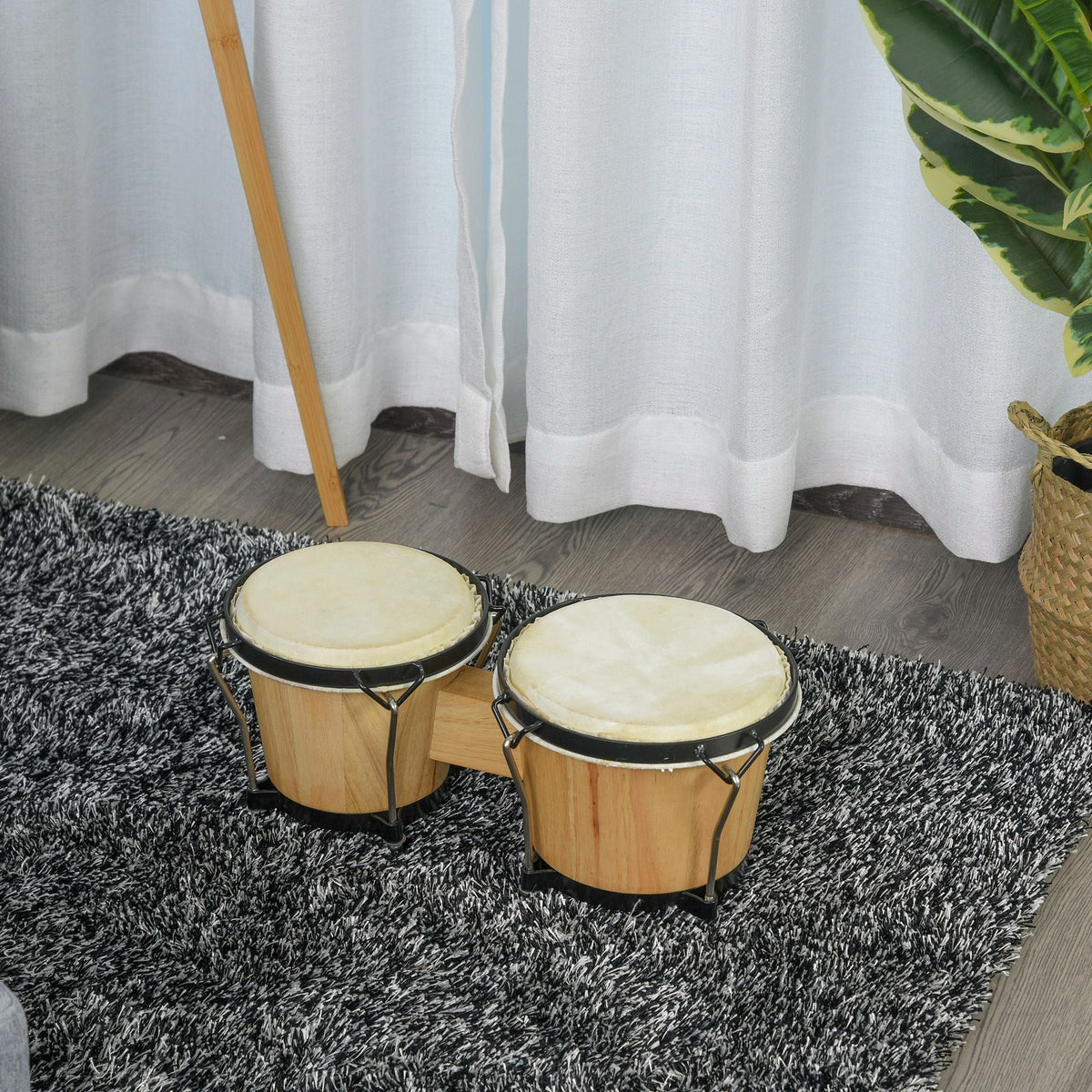 HOMCOM Wooden Bongo Drum Set a7.75" & a7" w/ Drum Head, Percussion Instrument, Drums, Tuning Wrench For Adults Beginners