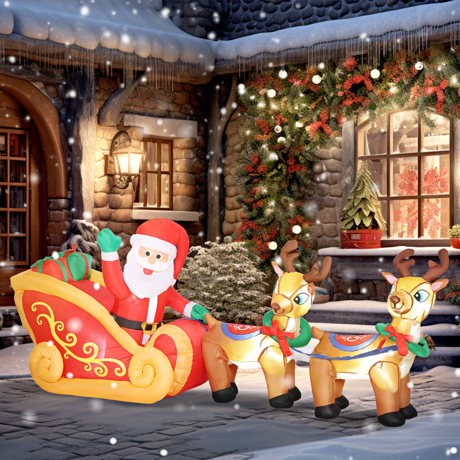 Outsunny 7.9ft Christmas Inflatable Santa on Sleigh with Two Reindeer, Outdoor Christmas Blow Up Decoration with Built-in LED Lights for Garden, Indoor Outdoor Home Decor