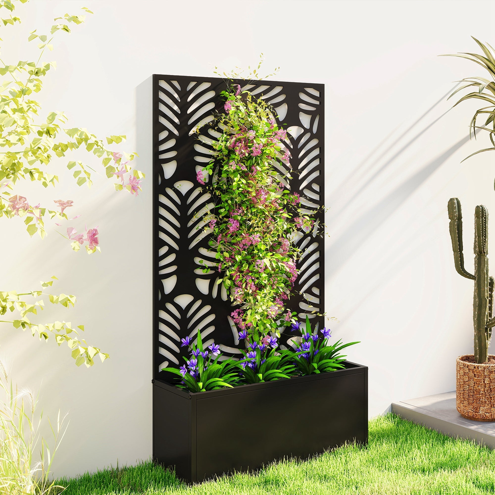 Outsunny Metal Garden Bed for Garden with Trellis, Wall Mounted or Freestanding Raised Planter with Privacy Screen