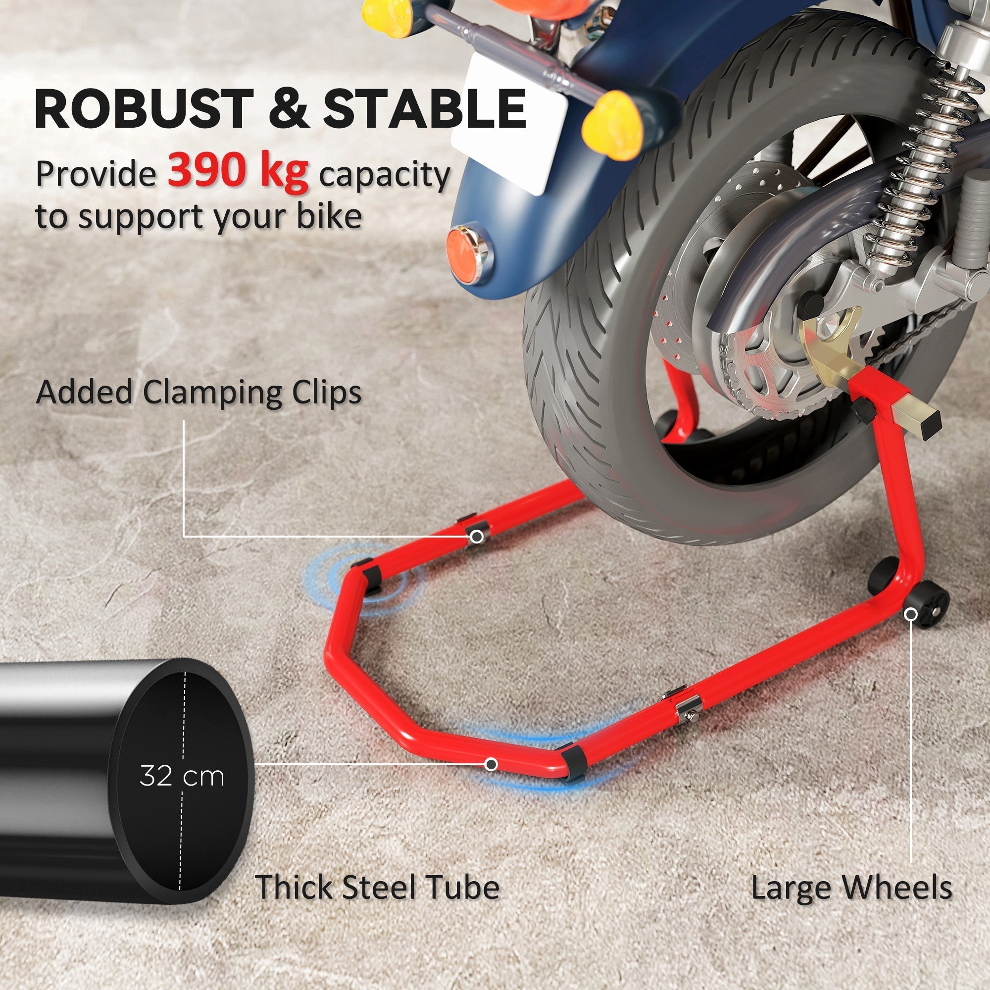 HOMCOM Motorcycle Stand, Front/Rear Paddock Stand, with 390 kg Weight Capacity, Red