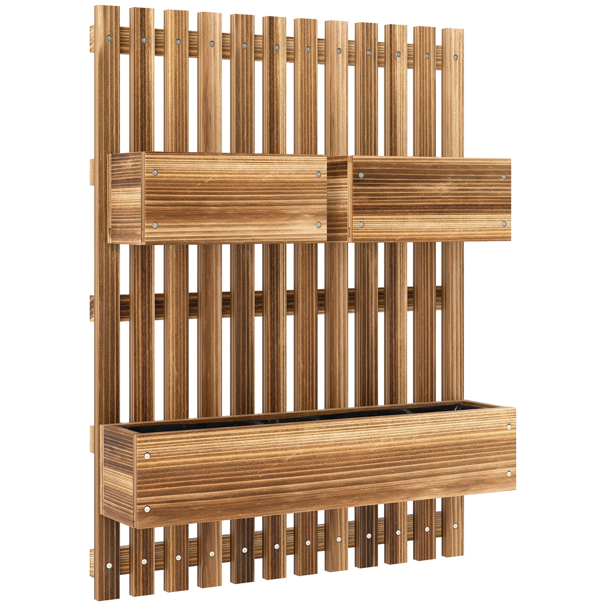 Outsunny Wall-mounted Wooden Garden Planters with Trellis, Drainage Holes and 3 Planter Boxes for Patio, Carbonised