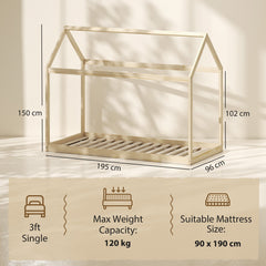 HOMCOM Single Bed Frame, House Scandinavian Wooden Bed Frame for 90W x 190Dcm Mattress, Pine Wood Bed Base, Natural Wood Finish