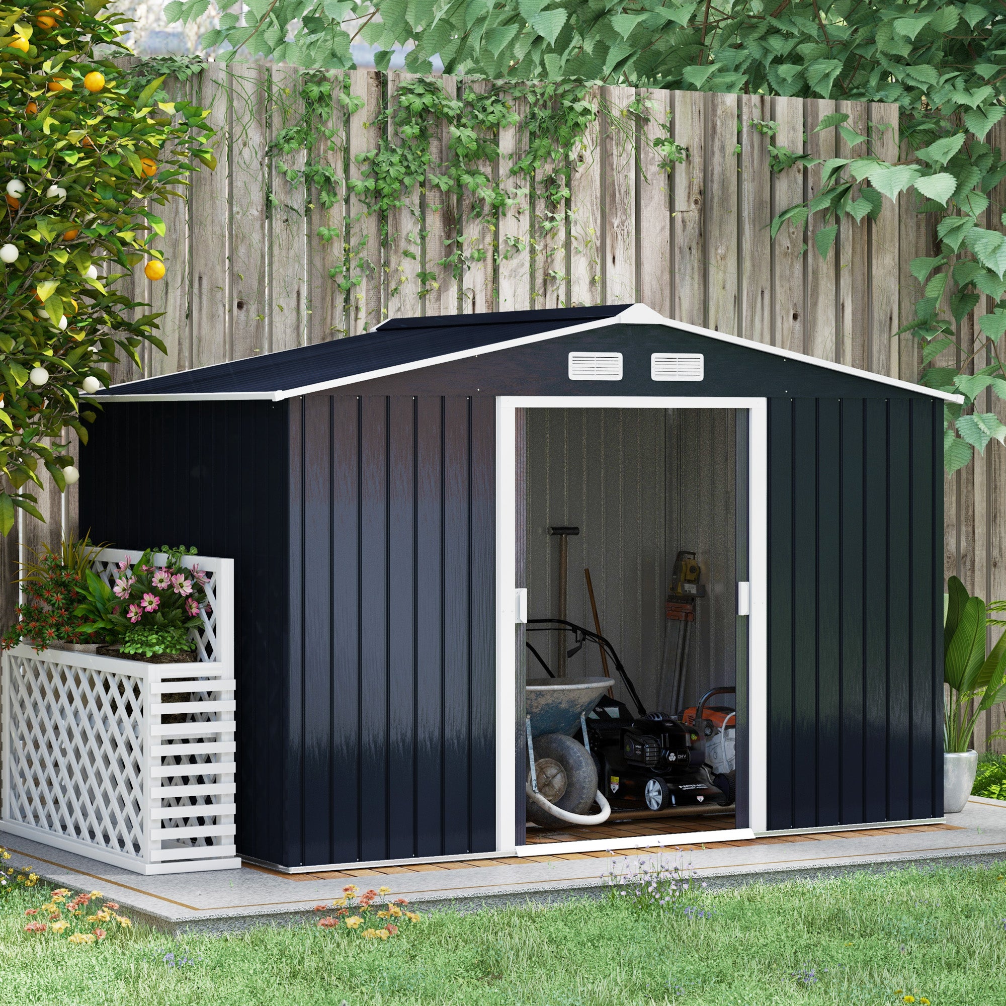 Outsunny 9 x 6ft Metal Bicycle Shed, Outdoor Storage Tool House with Ventilation Slots, Foundation Kit and Lockable Double Doors, Dark Grey