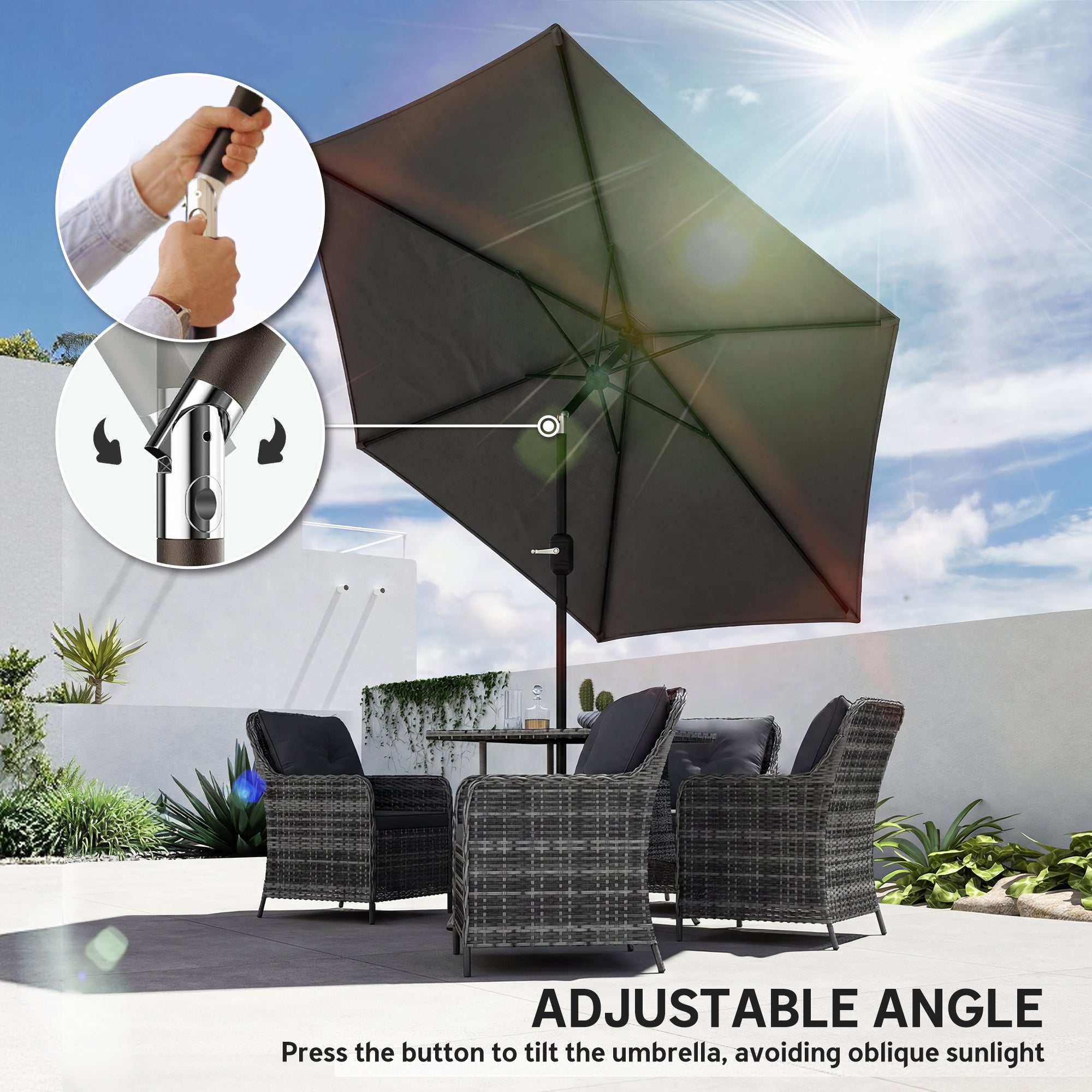 Outsunny 2.6 m Garden Parasol Umbrella with Aluminium Pole, Outdoor Patio Umbrella with Tilt and Crank, Vent, Black