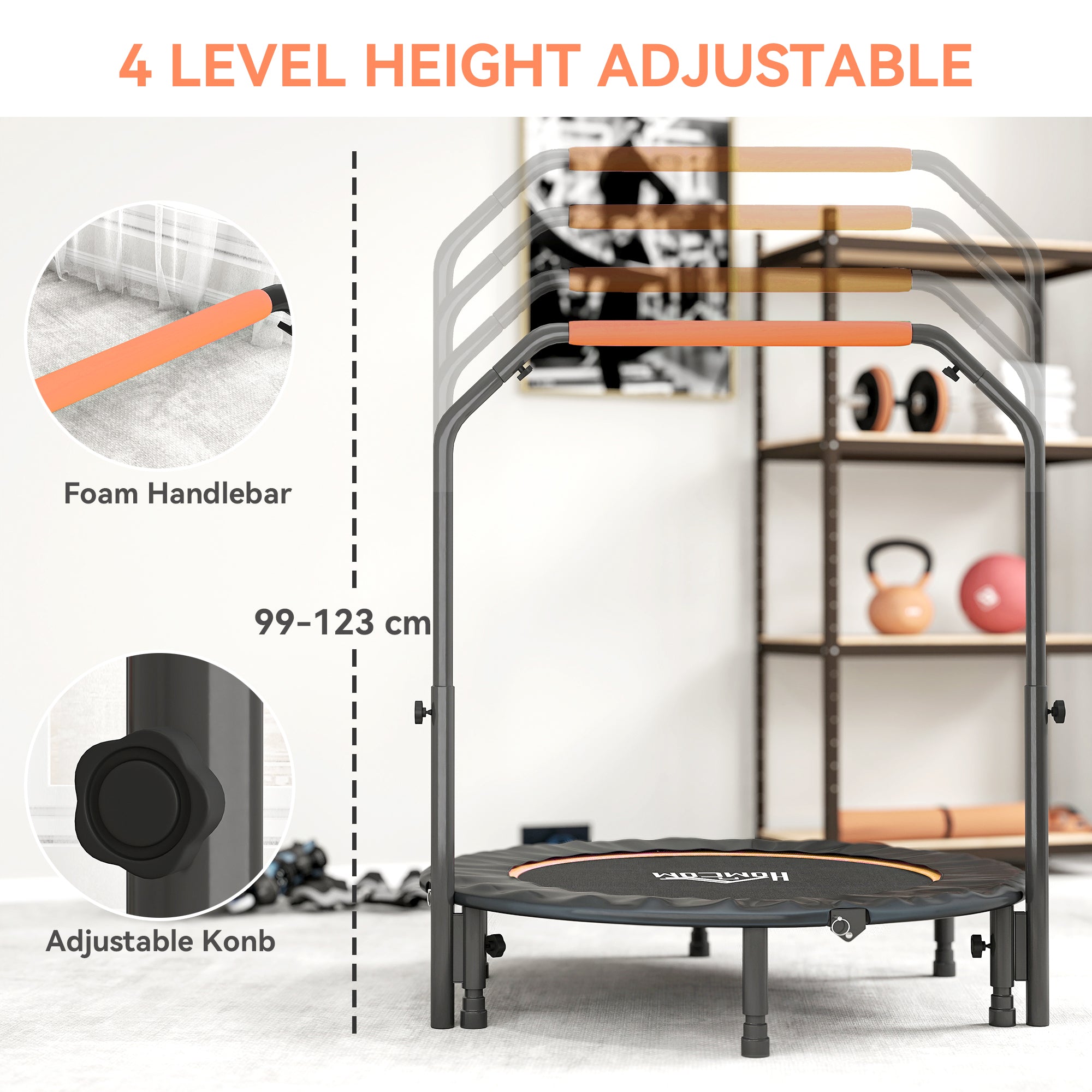 HOMCOM 45" Foldable Mini Fitness Trampoline, with Adjustable Foam Handle, Orange