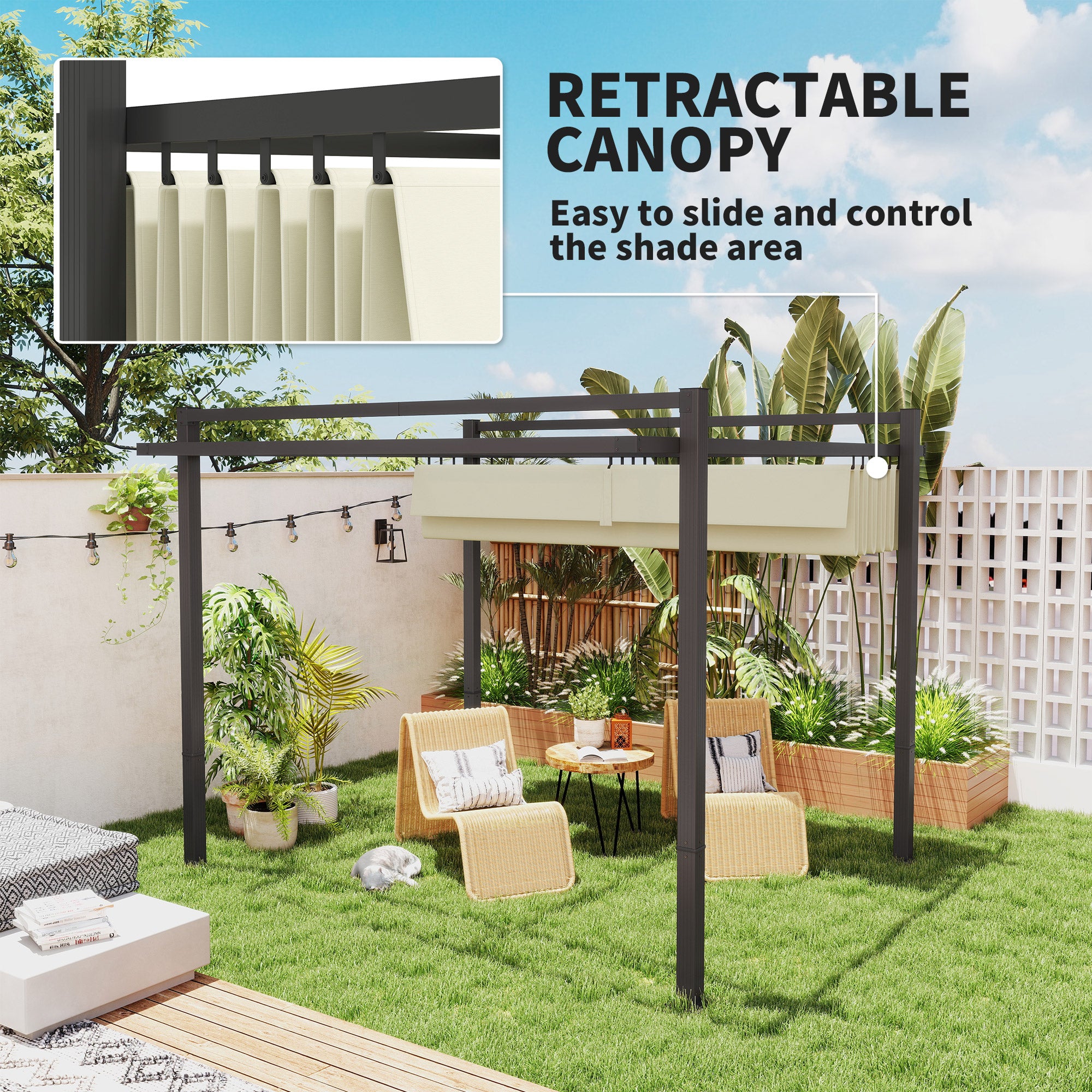 Outsunny 3 x 3m Aluminium Pergola, with Retractable Roof - Grey/Khaki