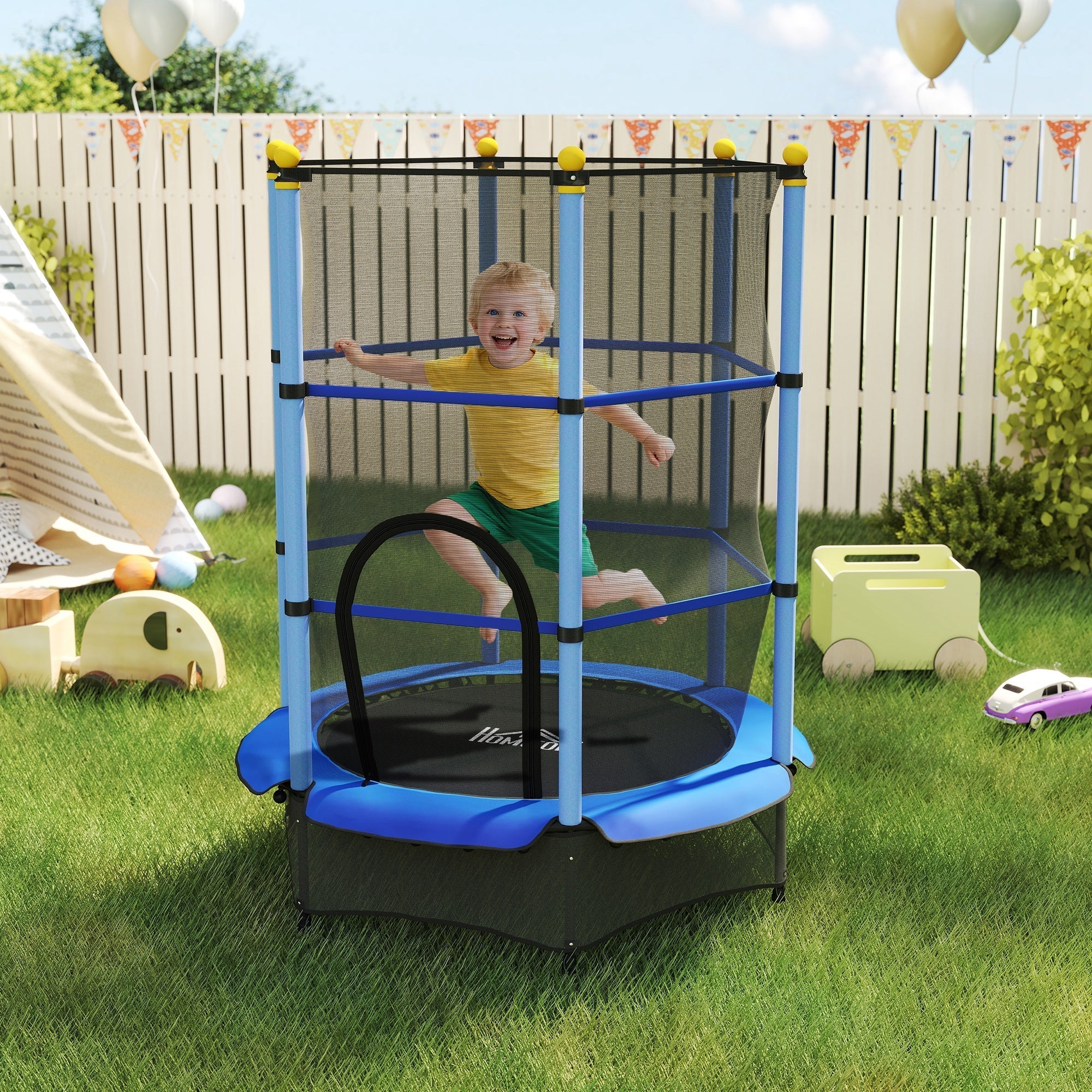 HOMCOM 4.6FT/55" Kids Trampoline with Safety Enclosure, Outdoor Indoor Use, for Ages 3-10 Years, Blue