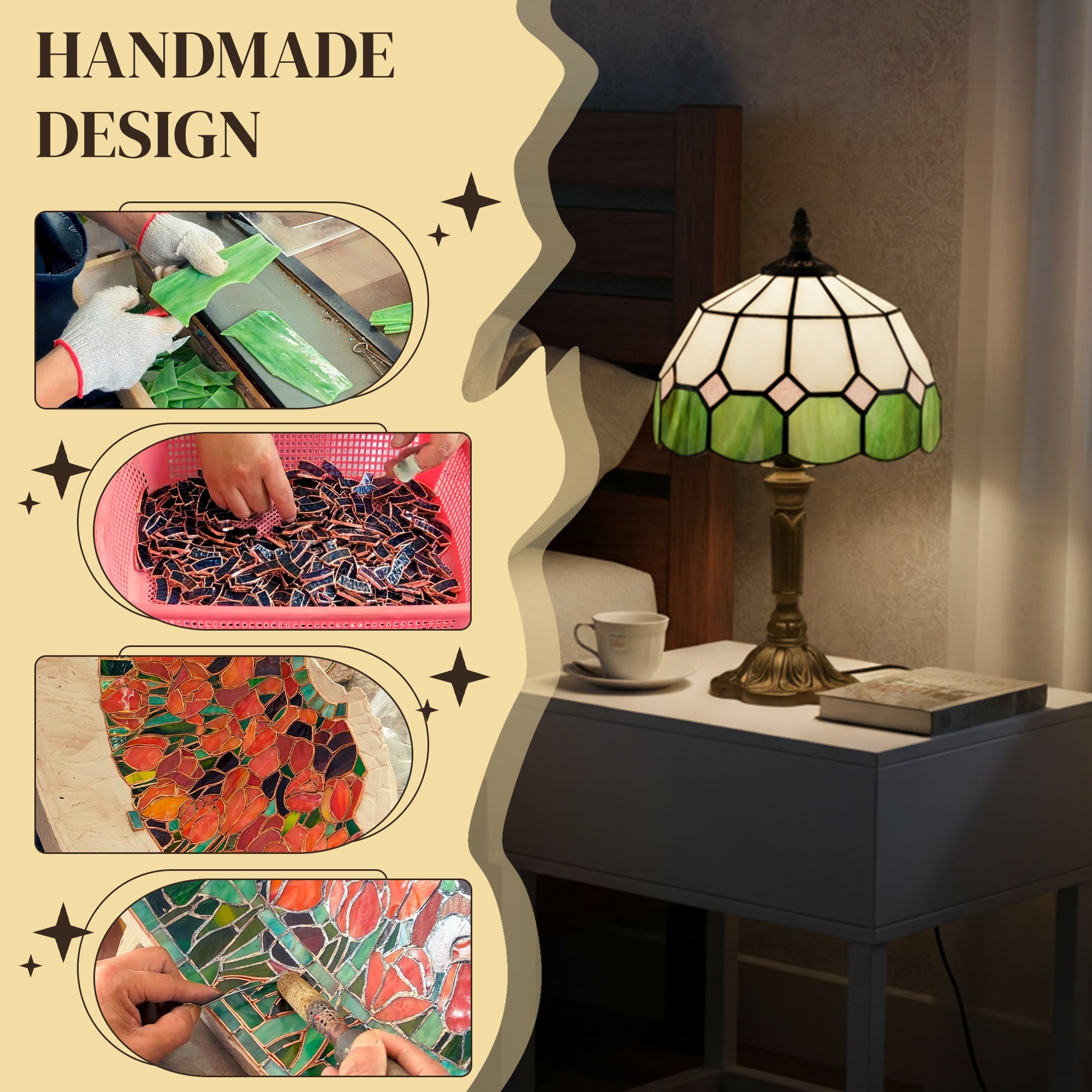 HOMCOM Handmade Art Deco Glass Table Lamp - White/Green