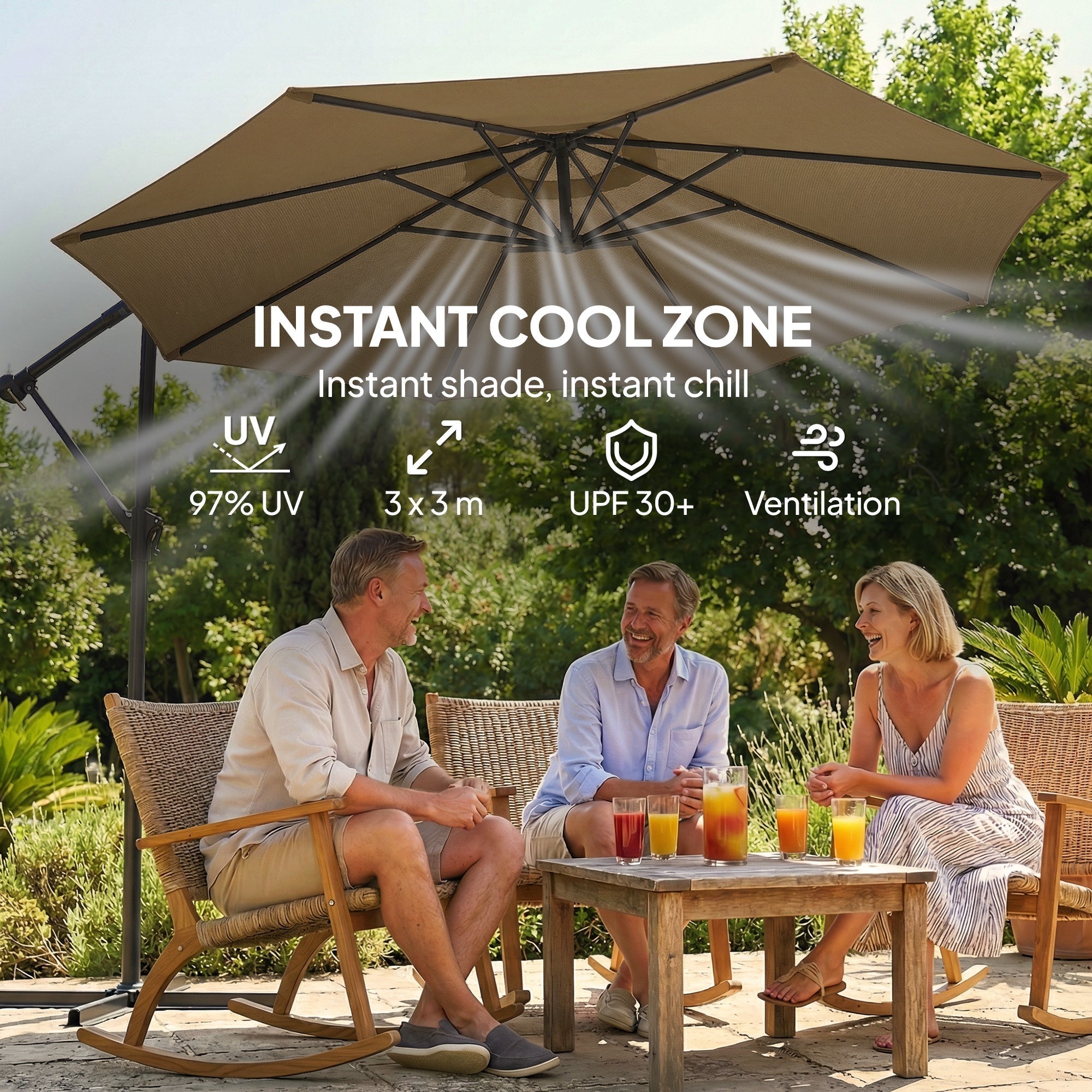 Outsunny 3 m Garden Cantilever Parasol with Cover, Round Overhanging Umbrella with 360 degrees Rotation, Tilt, Khaki