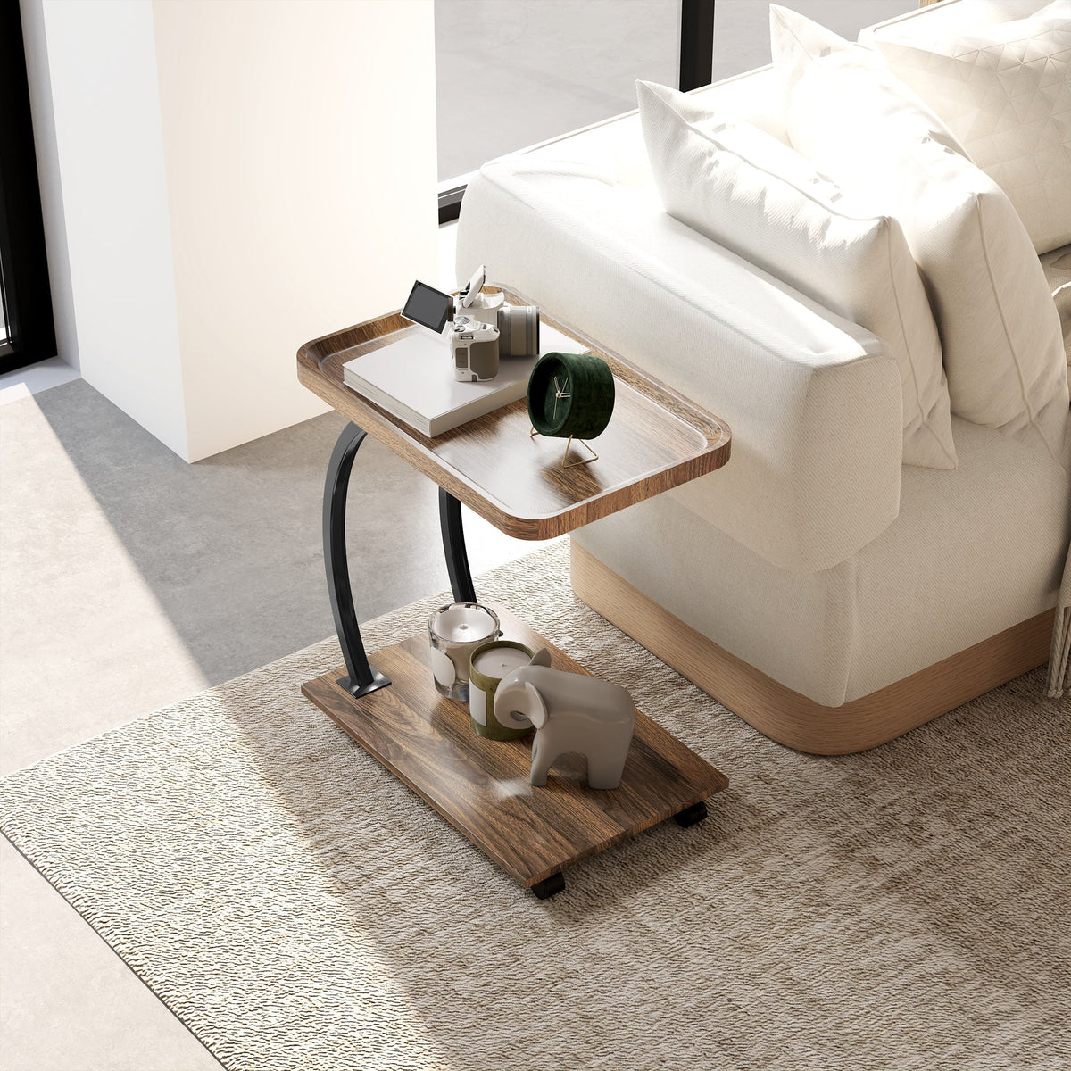 HOMCOM 2-Tier Mobile C-Shaped Side Table - Brown