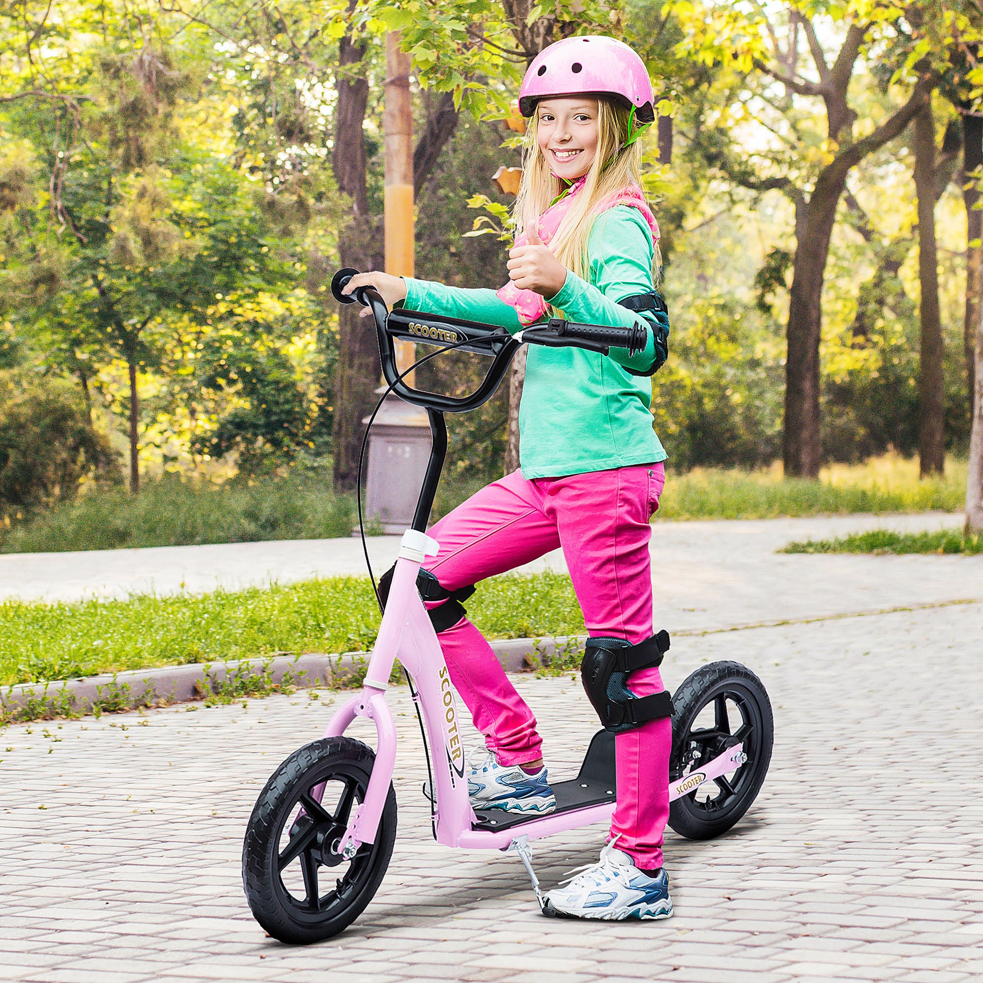 HOMCOM Kids Scooter Kick Scooter, with 12" EVA Tyres, Rear Brake, Big Wheels Scooter for 5-12 Years , Pink