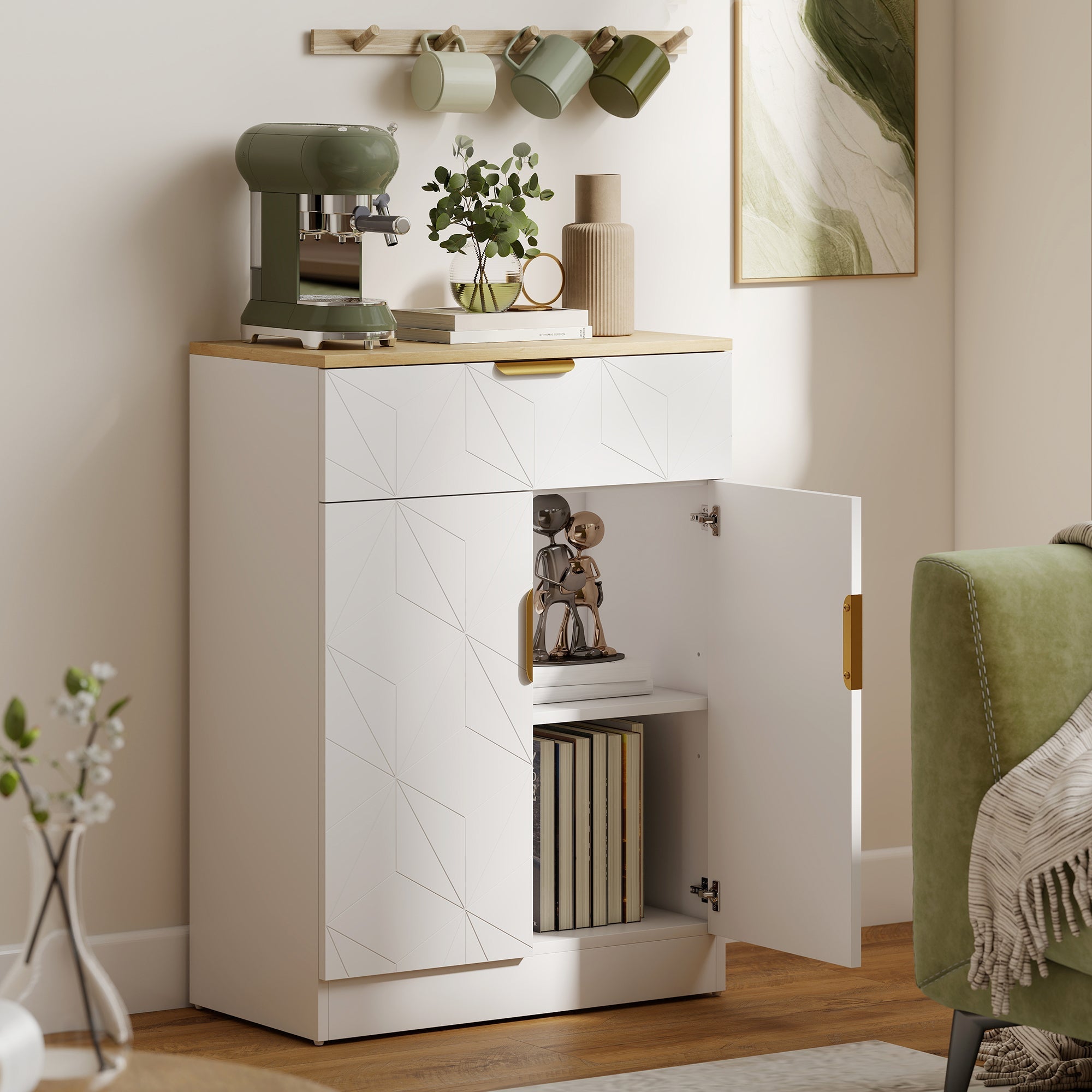 HOMCOM Sideboard Storage Cabinet, Modern Storage Cupboard with Drawer and Adjustable Shelf for Living Room, Kitchen, Dining Room, Entryway, White