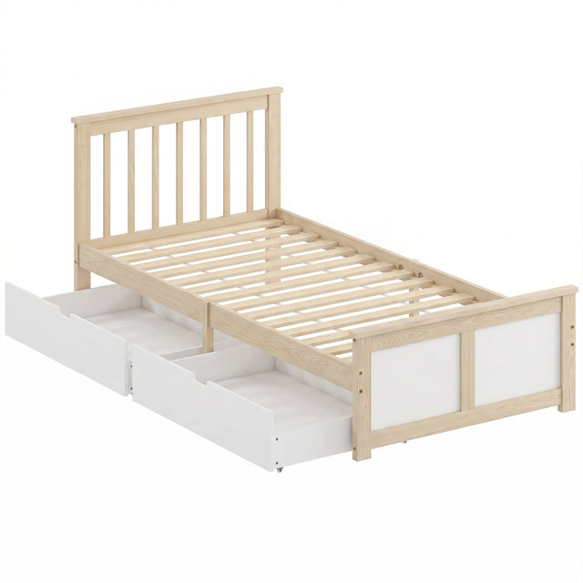 HOMCOM Pine Storage Bed, 3ft Single Solid Wooden Bed Frame with Drawers, Headboard, Wood Slat Support, Natural Wood Finish