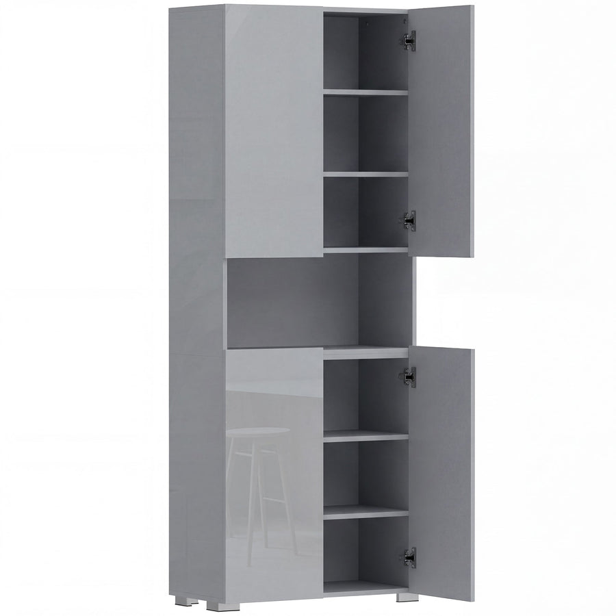 HOMCOM 180 cm Tall Kitchen Cupboard, Pantry Storage Cabinet with Soft Close Doors and Adjustable Shelves, High Gloss Grey