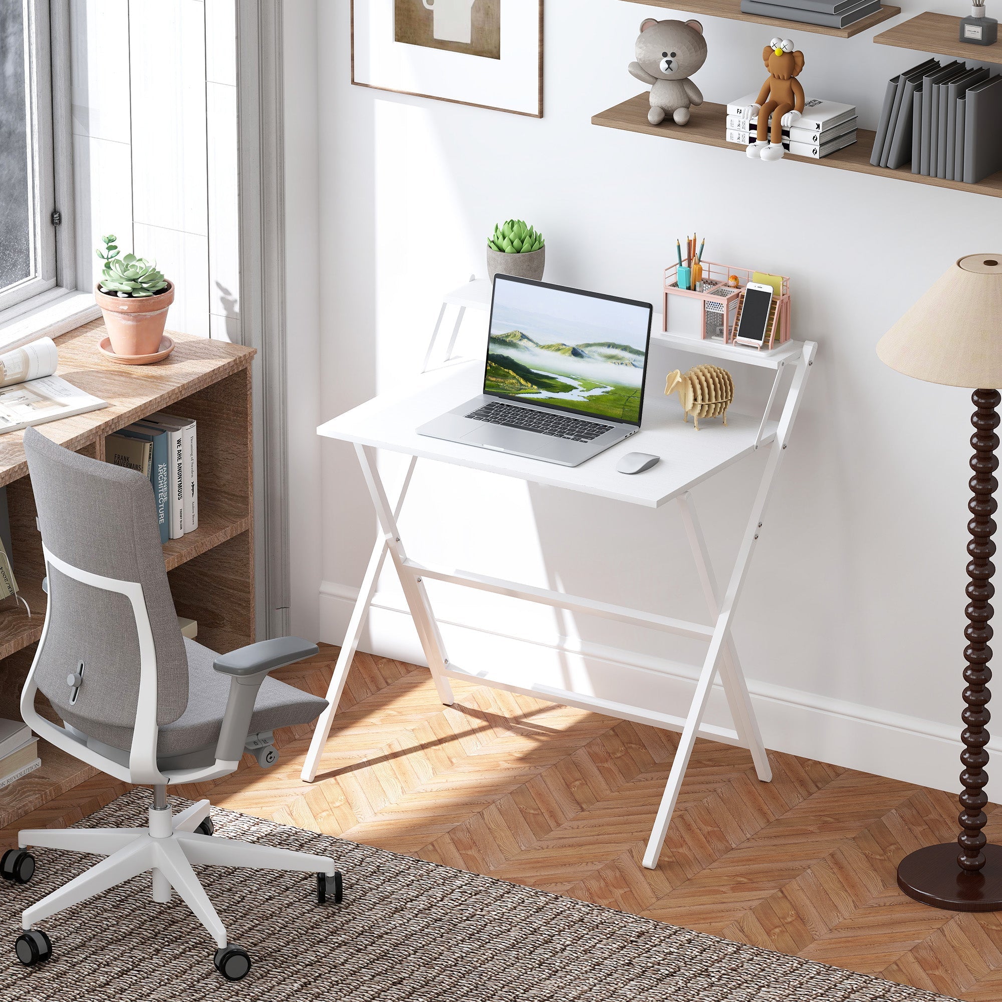 HOMCOM 81.5 cm Folding Computer Desk with Monitor Shelf - White