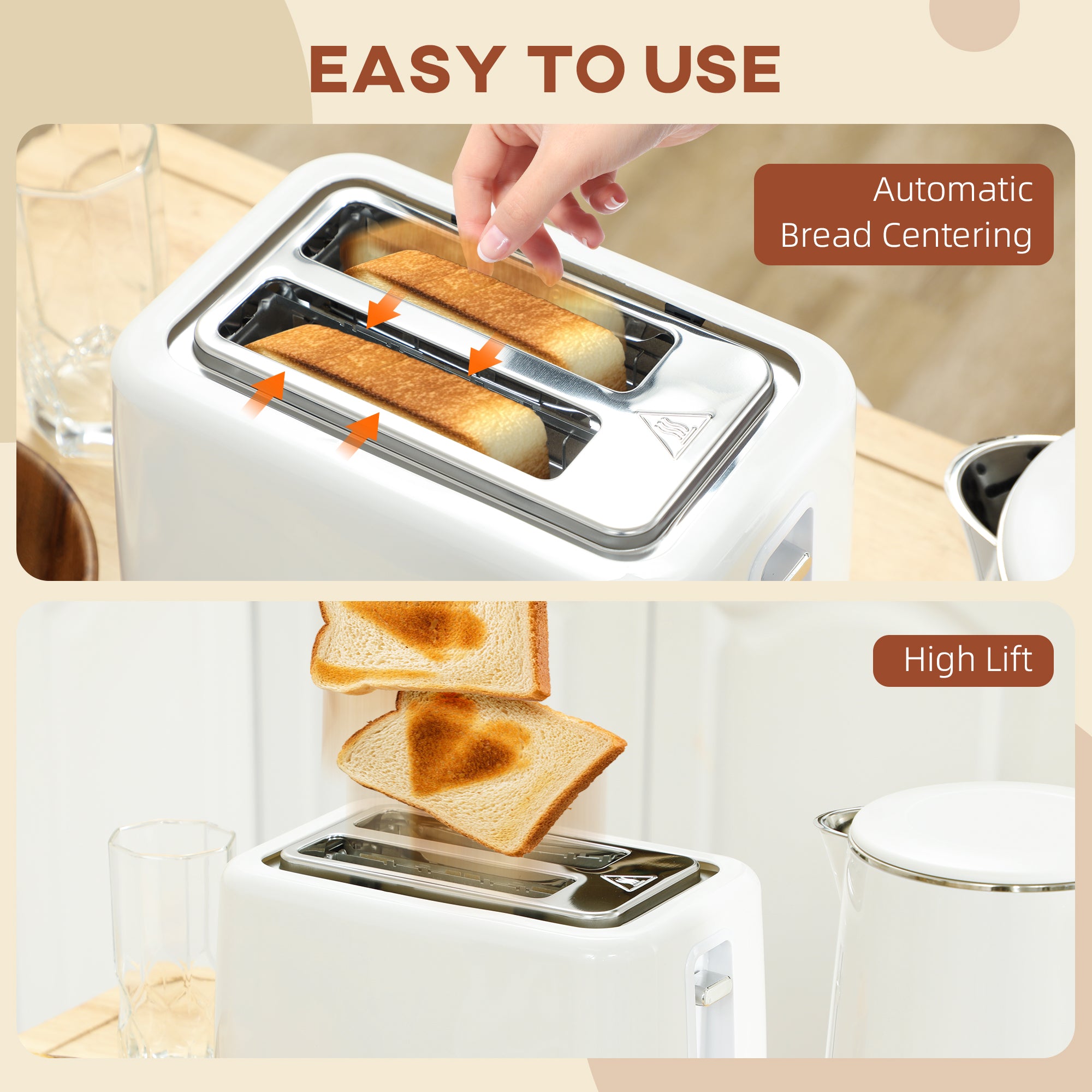HOMCOM Polished Metal Kettle and Toaster Set - White