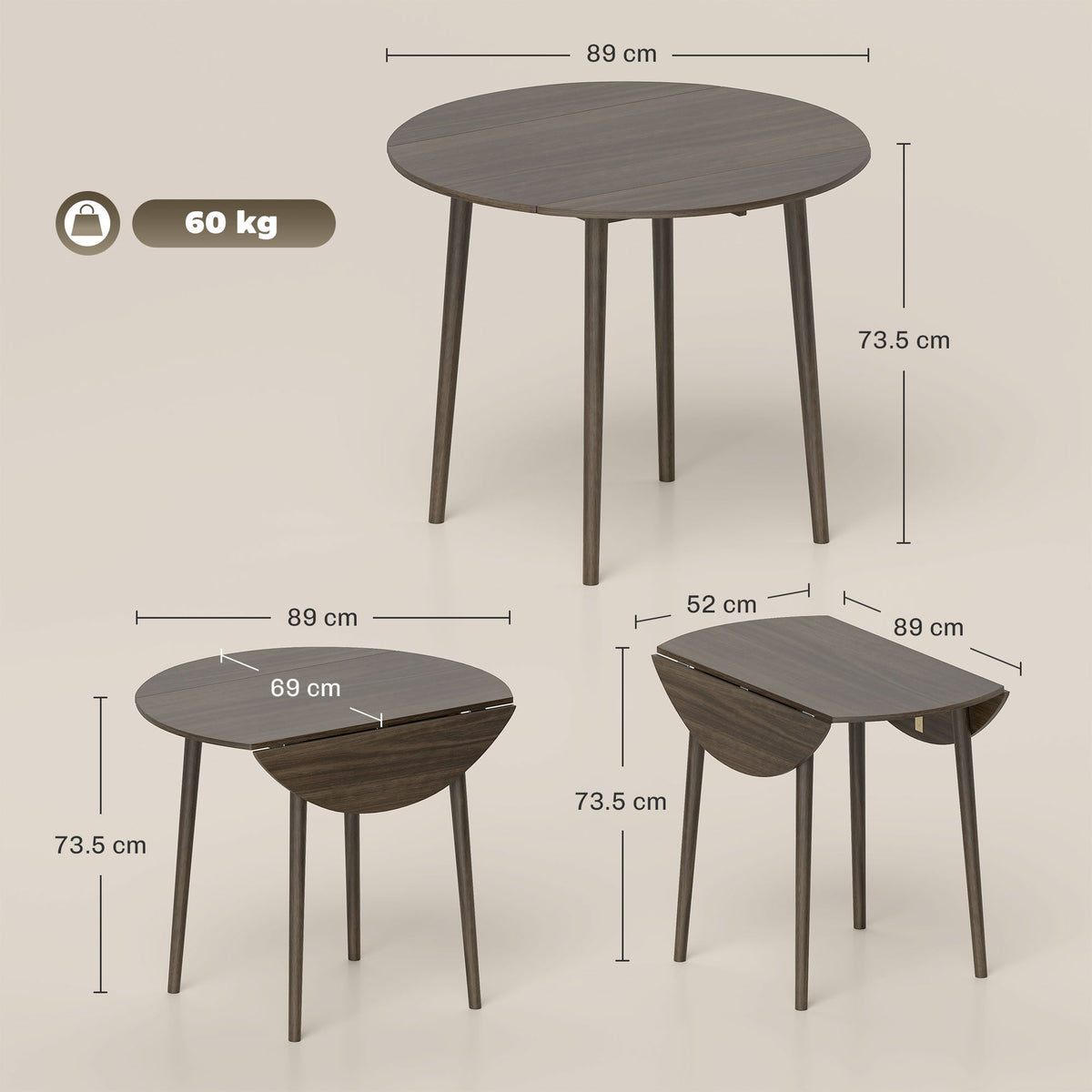 HOMCOM Folding Dining Table for 4, Round Drop Leaf Table, Modern Space Saving Small Kitchen Table with Wood Legs for Dining Room, Grey
