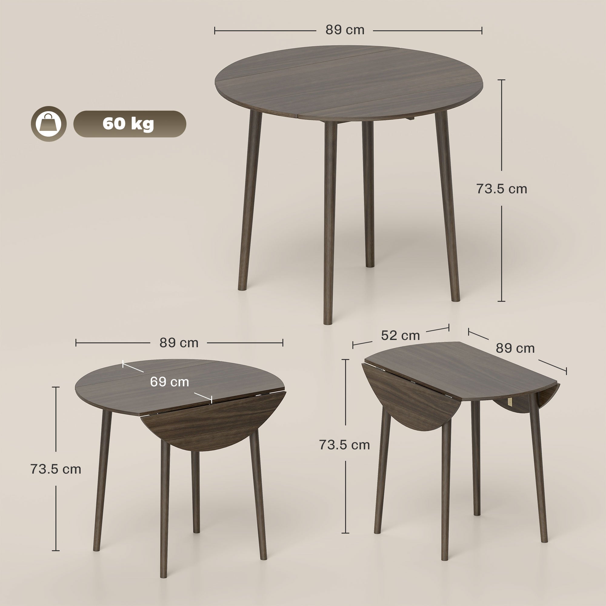 HOMCOM Folding Dining Table for 4, Round Drop Leaf Table, Modern Space Saving Small Kitchen Table with Wood Legs for Dining Room, Grey