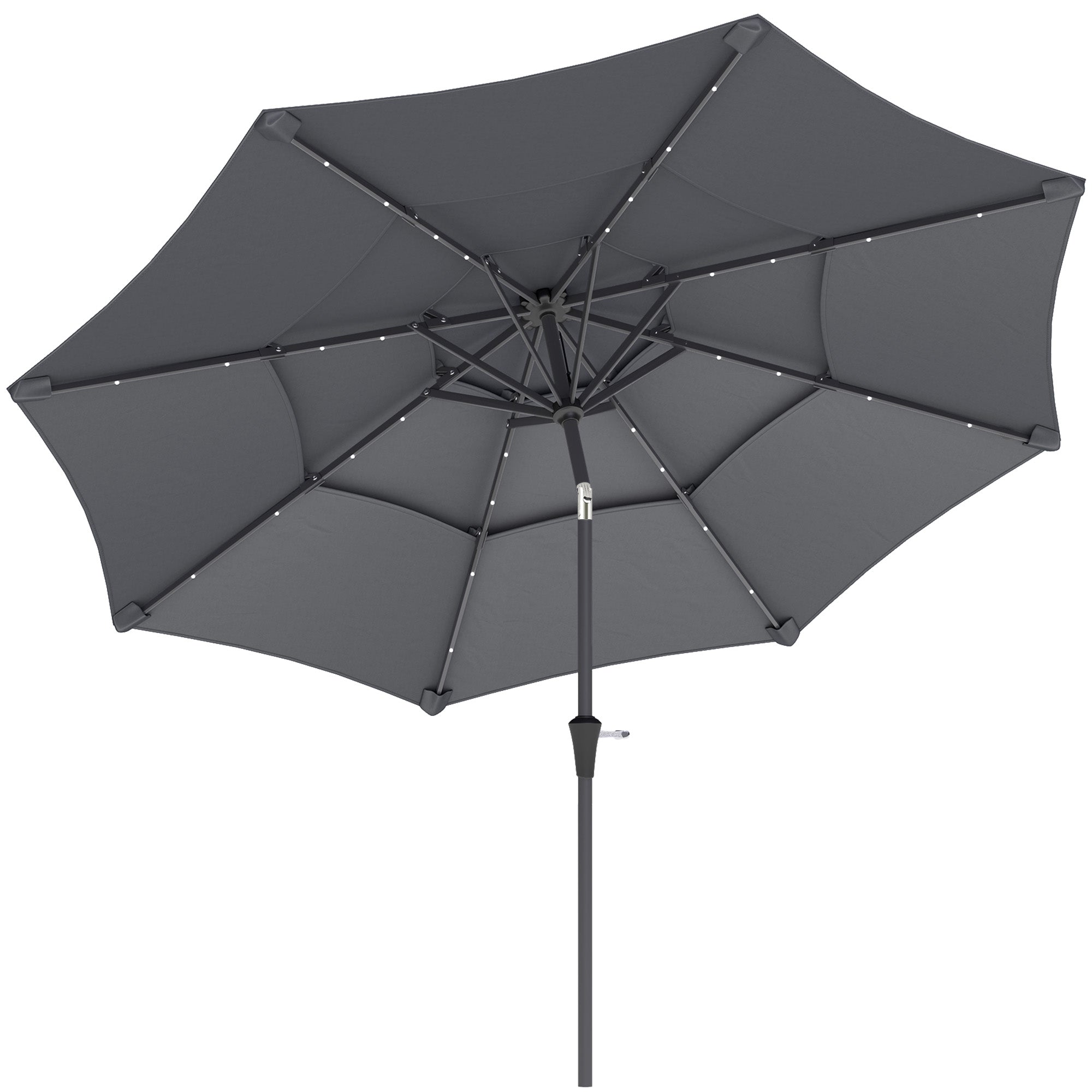 Outsunny 3-Tier Garden Parasol with Solar LED Lights, UPF 30+, Tilt Mechanism & Crank Handle, for Market Terrace, Dark Grey