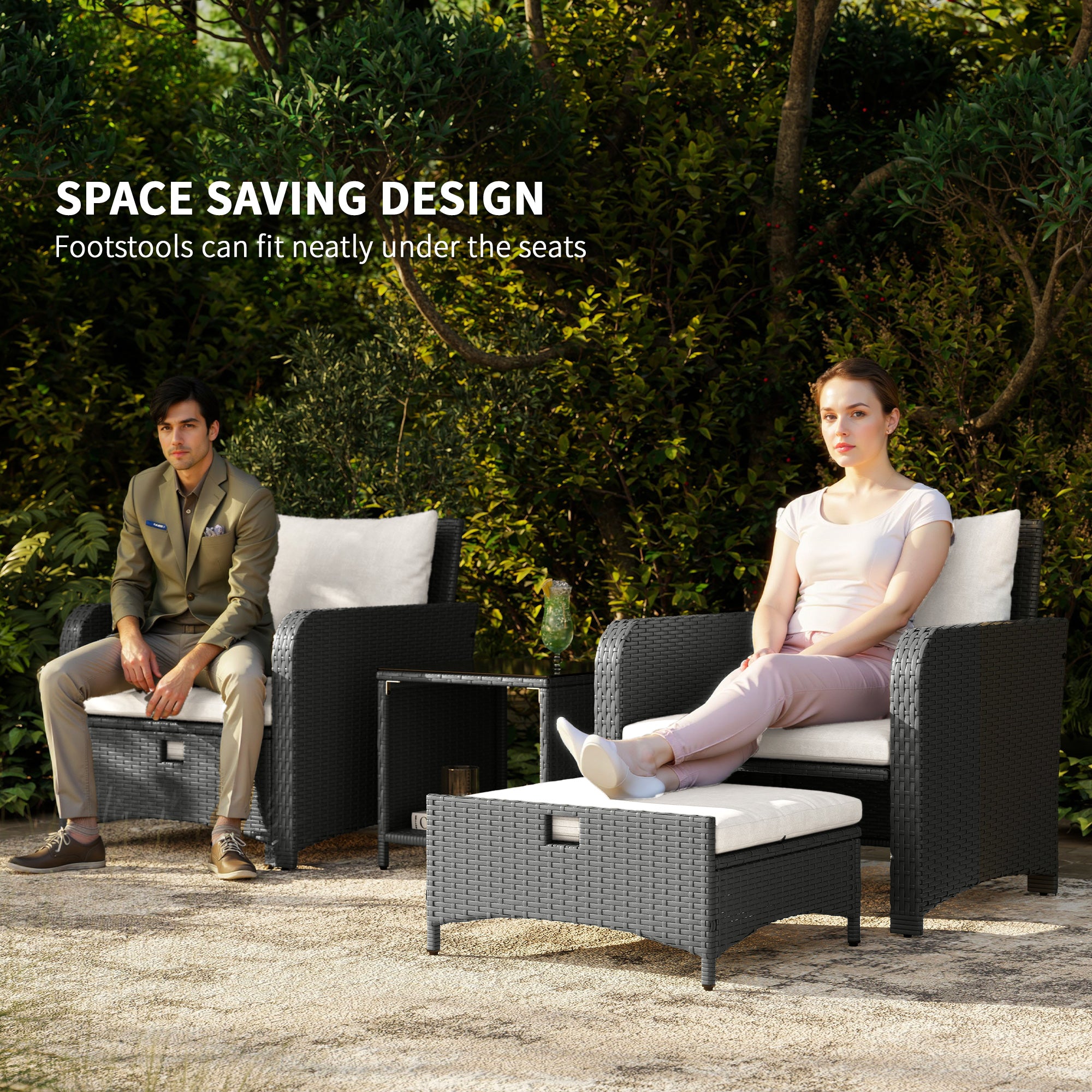 Outsunny Five Piece Rattan Garden Furniture Set with 2-Tier Coffee Table and Ottomans - Cream White