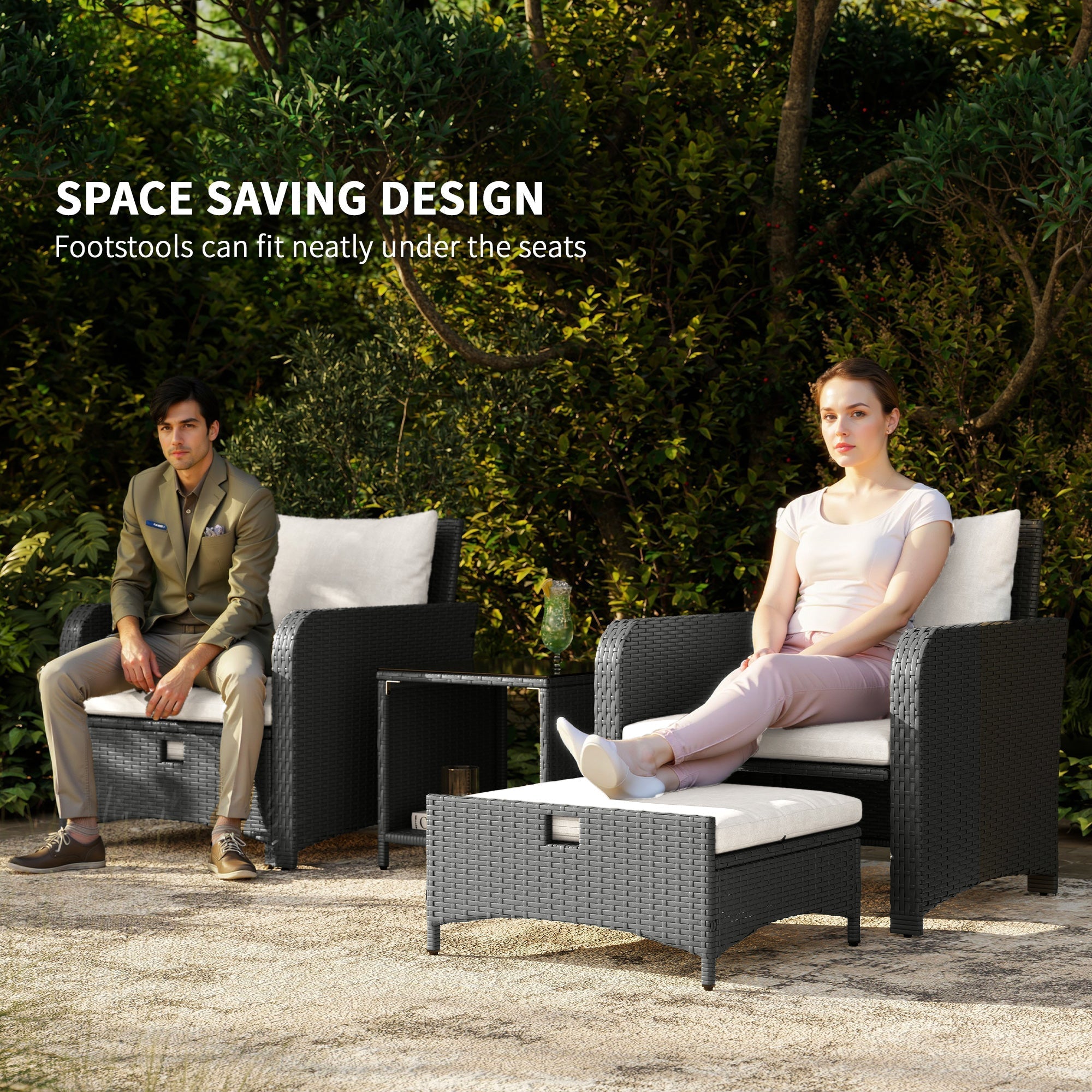 Outsunny Five Piece Rattan Garden Furniture Set with 2-Tier Coffee Table and Ottomans - Cream White