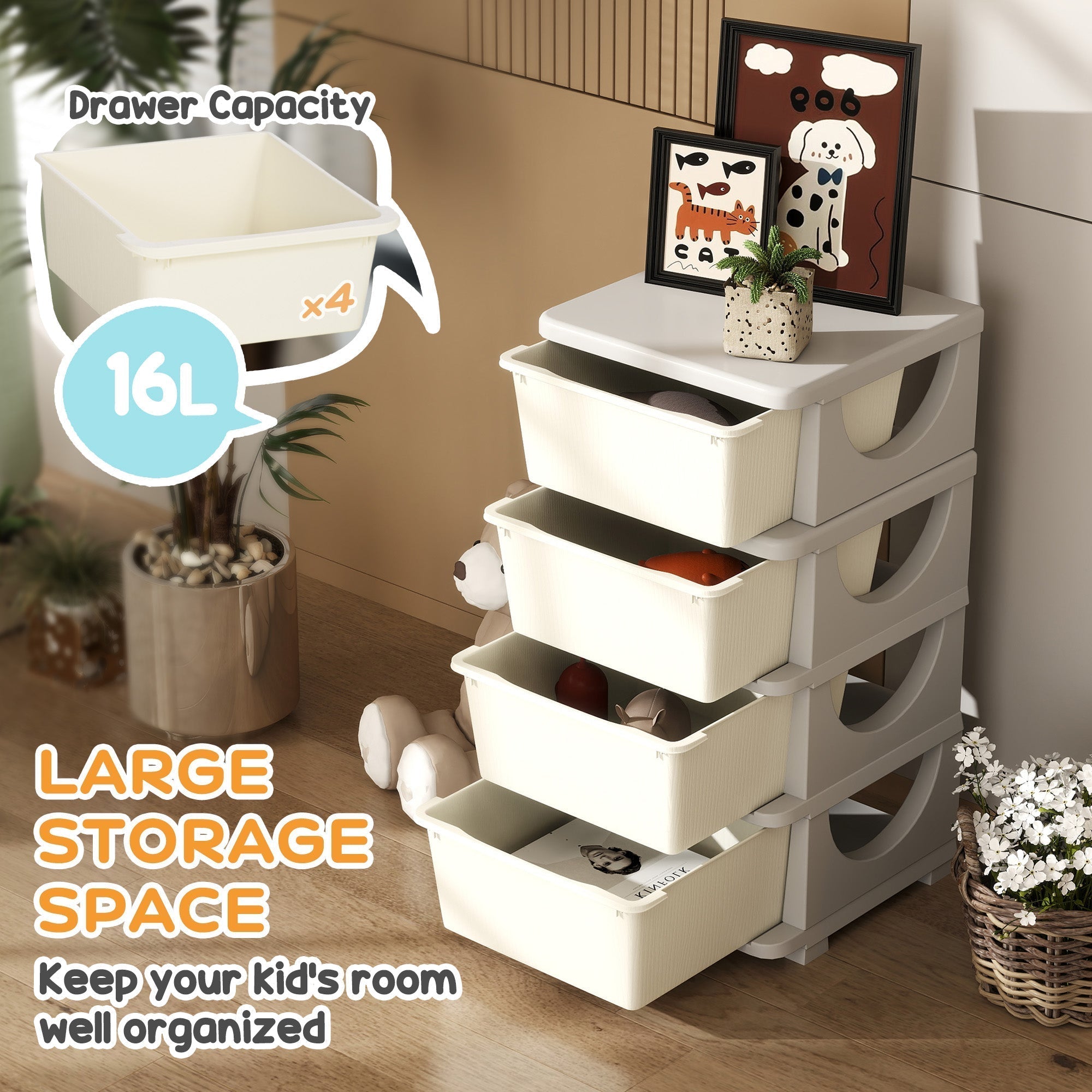 HOMCOM Four-Tier Kids Storage Boxes, with Four Drawers - White