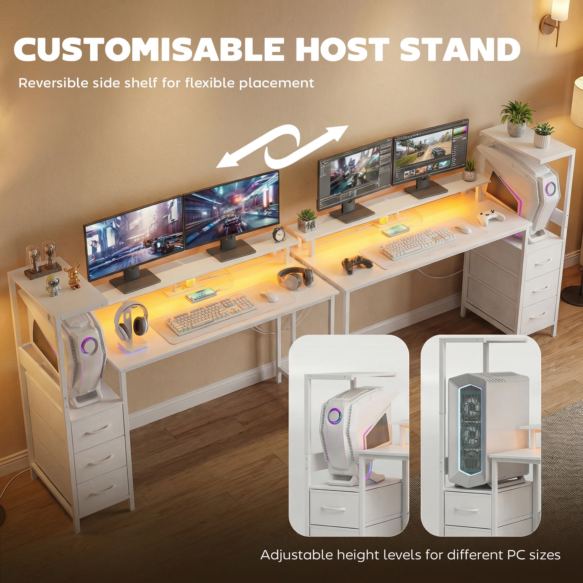 HOMCOM 147cm Gaming Desk with Charging Station and Monitor Stand, Computer Table for Home Office with RGB Lights, White