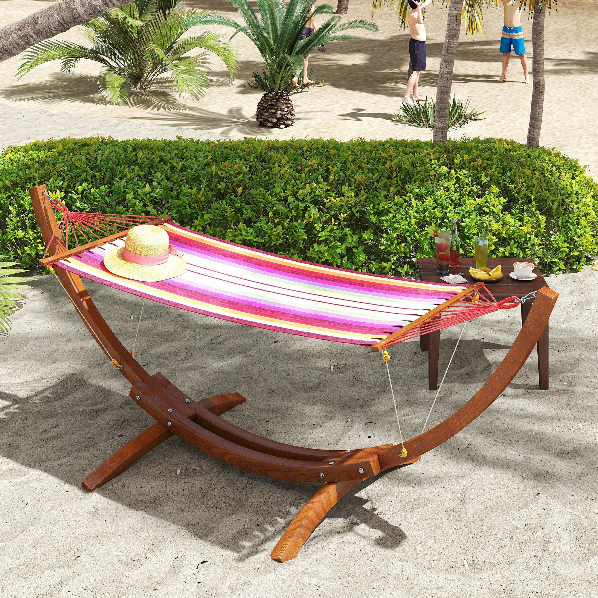 Outsunny Outdoor Hammock with Stand, Free Standing Hammock with Arc Wooden Frame and 200 x 100cm Fabric, Garden Swing Hanging Bed with Safe Ropes, Multicolour