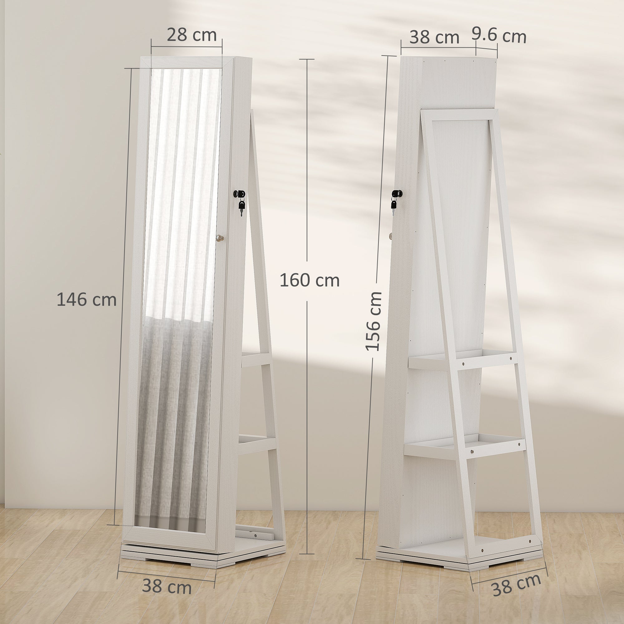 HOMCOM 360√Ç¬∞ Swivel Jewellery Cabinet, Free Standing Full Length Mirror with Storage, Lockable Jewellery Organiser with Built-in Makeup Mirror and Storage Shelves for Bedroom, White